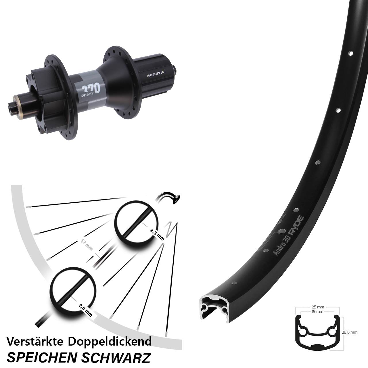 6-Loch Hinterrad QR 29 Zoll Ryde Andra 30 Disc DT Swiss 370 8-11 fach HG