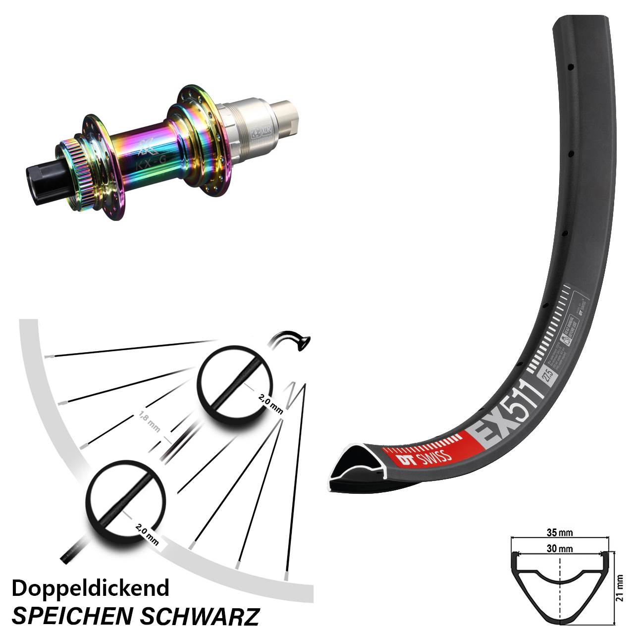 Hinterrad Centerlock 27,5 Zoll DT Swiss EX511 KX-G Oilslick 12x142