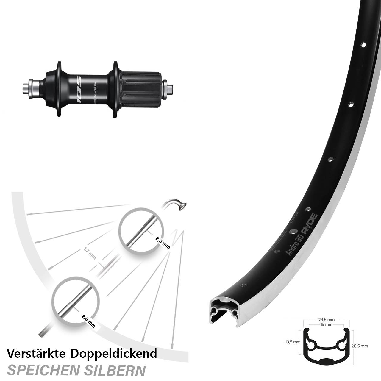28 Zoll Ryde Andra 30 Shimano 105 Hinterrad für Schnellspanner 8-12 fach HG