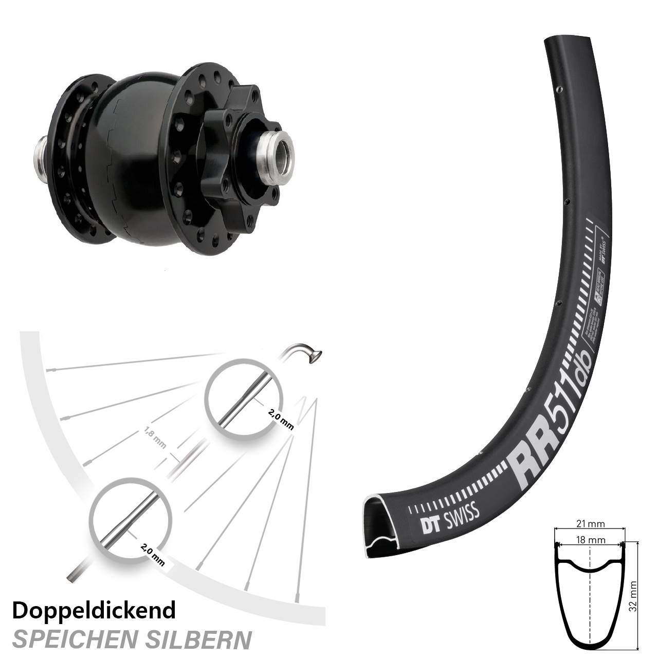 28 Zoll Nabendynamo Vorderrad DT Swiss RR 511 DB SON 28-12 Steckachse 6-Loch
