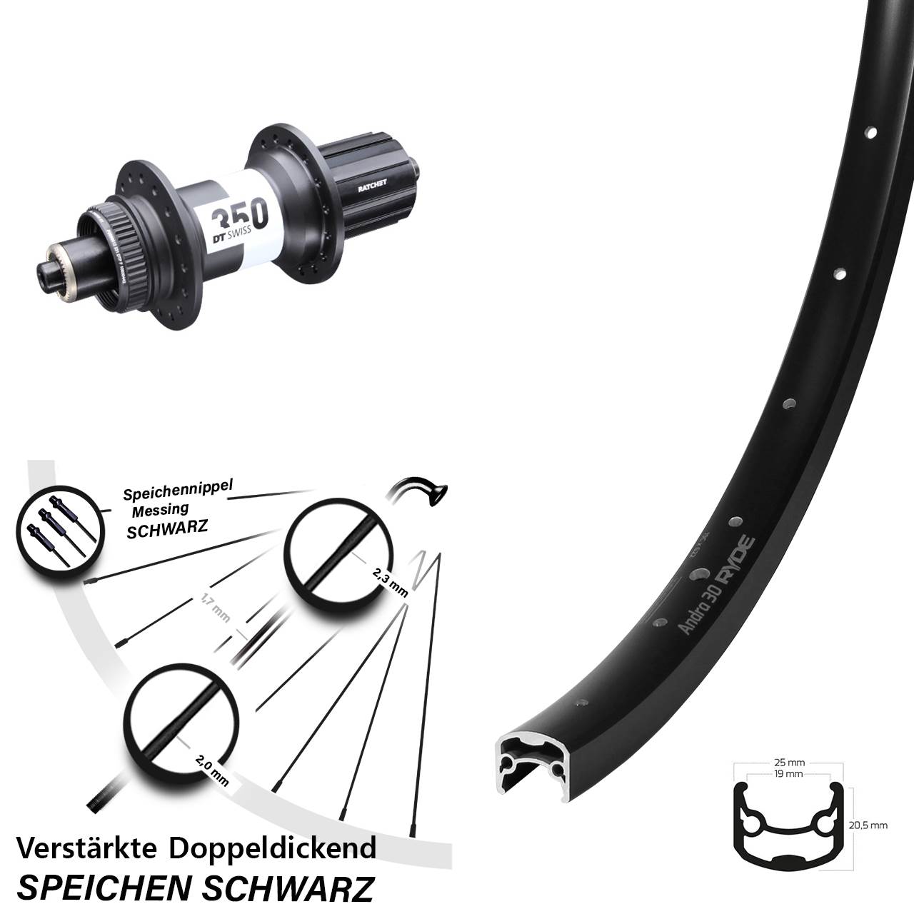28-29 Zoll Ryde Andra 30 Disc DT Swiss 350 Ratchet 36 Hinterrad QR 8-11 fach