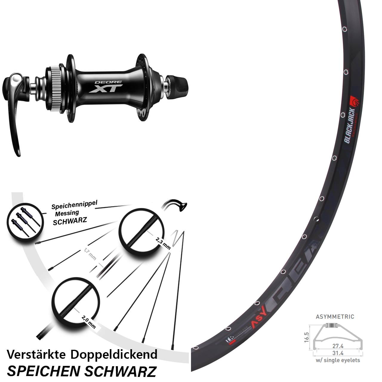 Vorderrad 27,5 Zoll Rodi Ready 27 Disc Shimano HB-M8000 schwarz