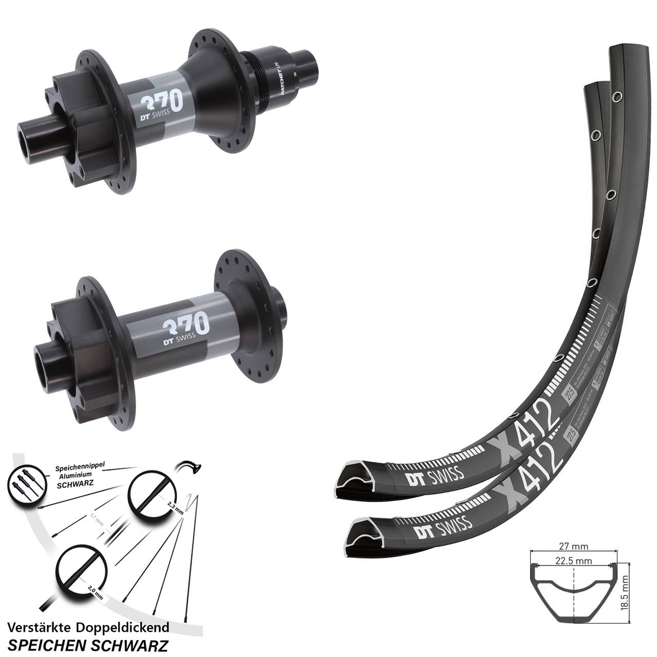 28 Zoll DT Swiss X 412 370 Disc Laufrad-Satz 15x110 12x148 XD