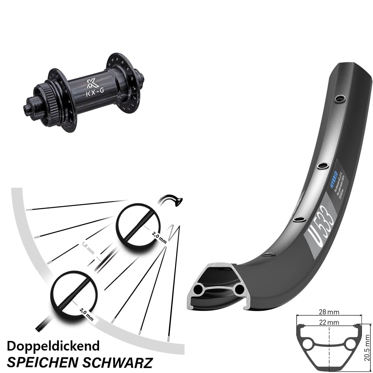 27,5 Zoll DT Swiss U 533 KX-G Disc Vorderrad QR