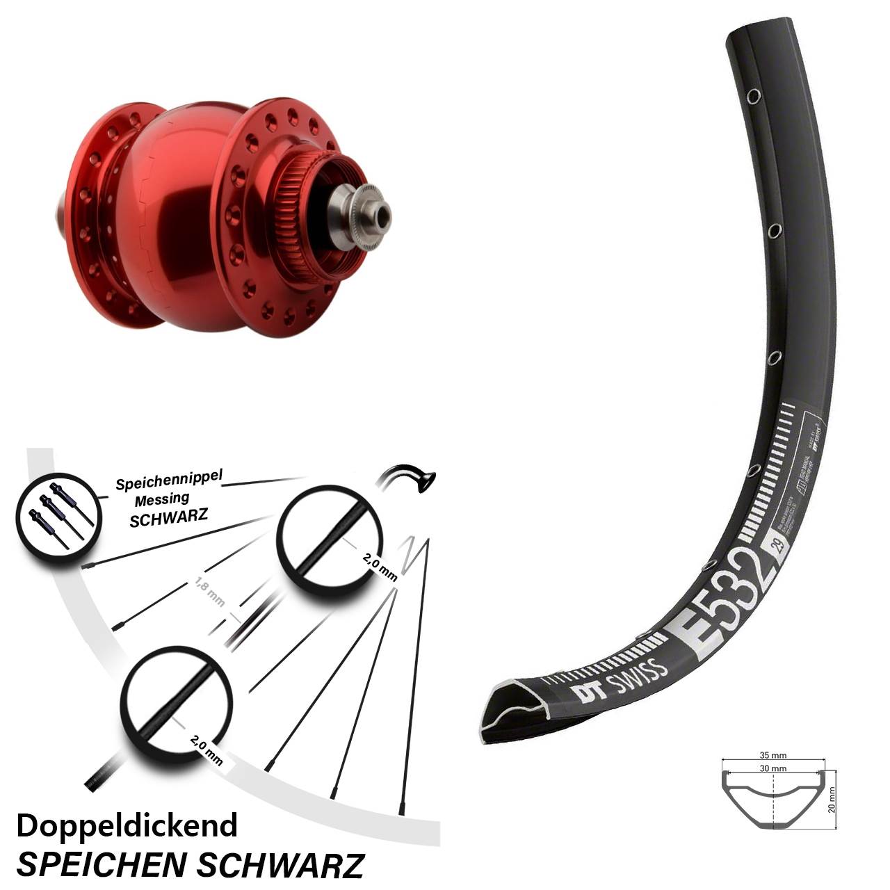 27,5 Zoll DT Swiss E 532 SON 28 rot Dynamo-Vorderrad Centerlock QR
