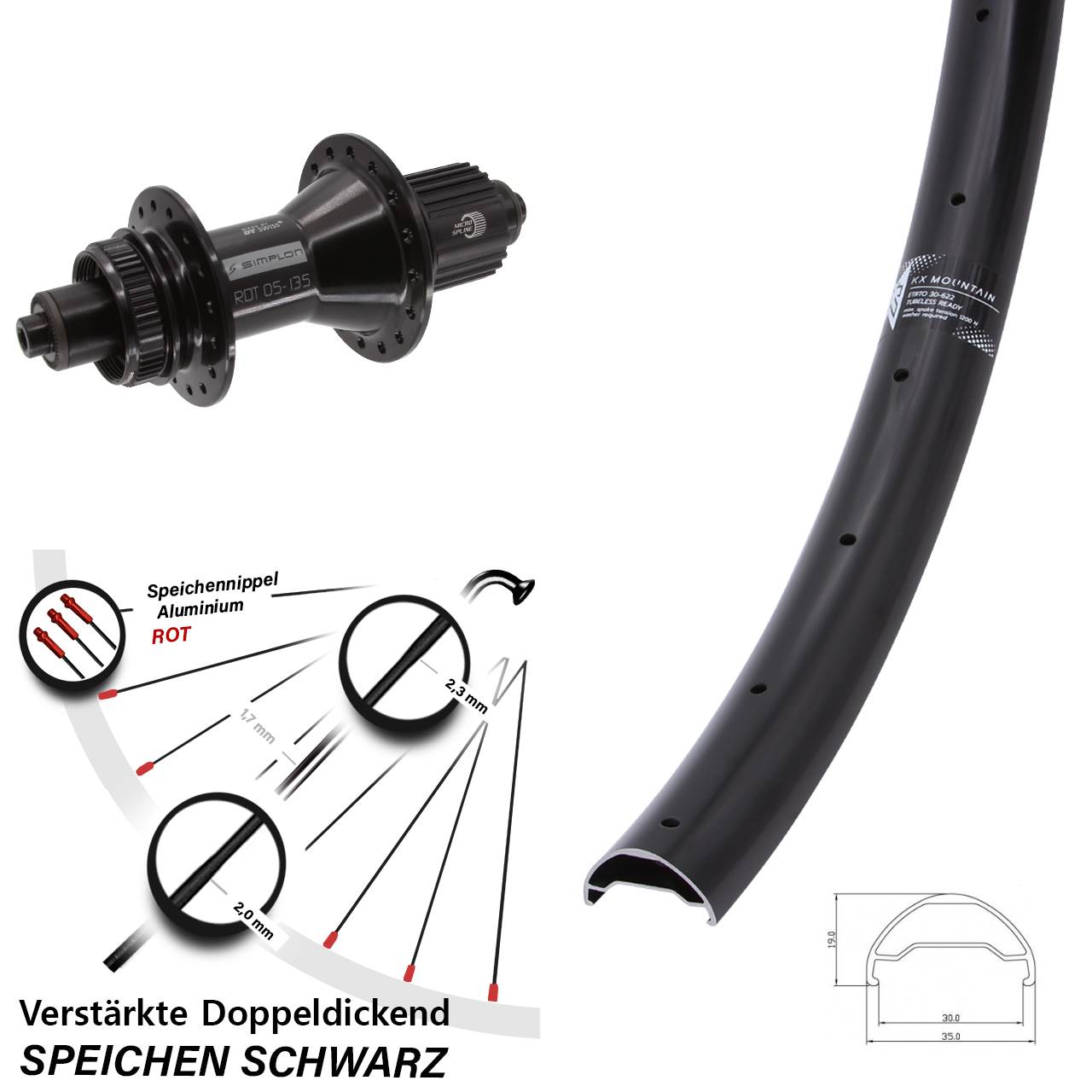 29 Zoll KX Mountain DT Swiss 370 Hybrid Centerlock Hinterrad QR Micro Spline