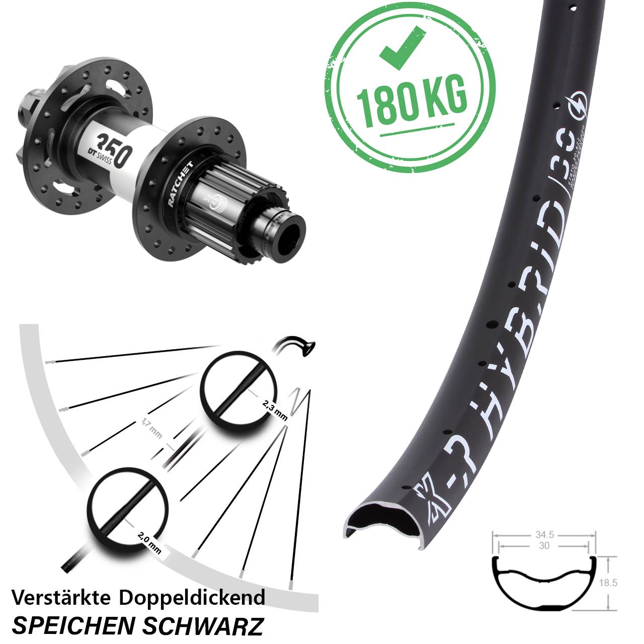 29 Zoll KX-R Hybrid 30 DT Swiss 350 Laufrad 12x148 Boost 6-Loch Shimano Micro Spline