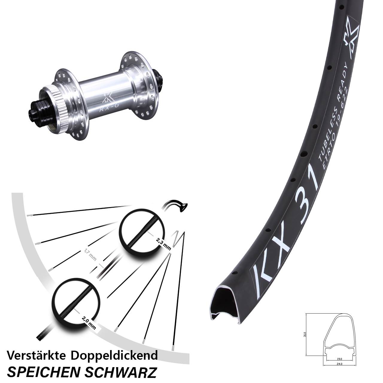 Disc Vorderrad 28 Zoll KX 31 Offset Hochprofil für Schnellspanner