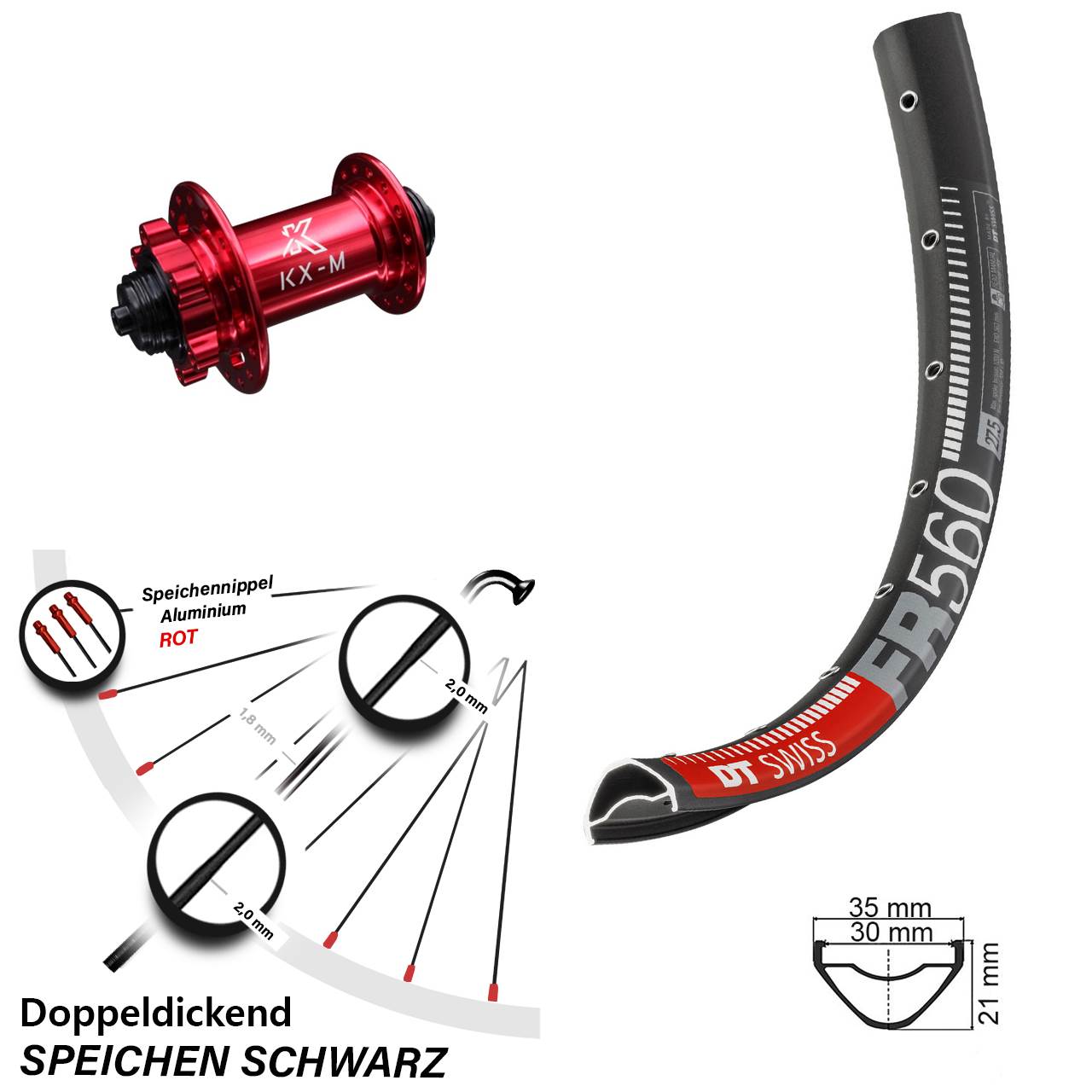 Laufrad 26 Zoll DT Swiss FR 560 Disc KX-M 6-Loch 5/100 rot
