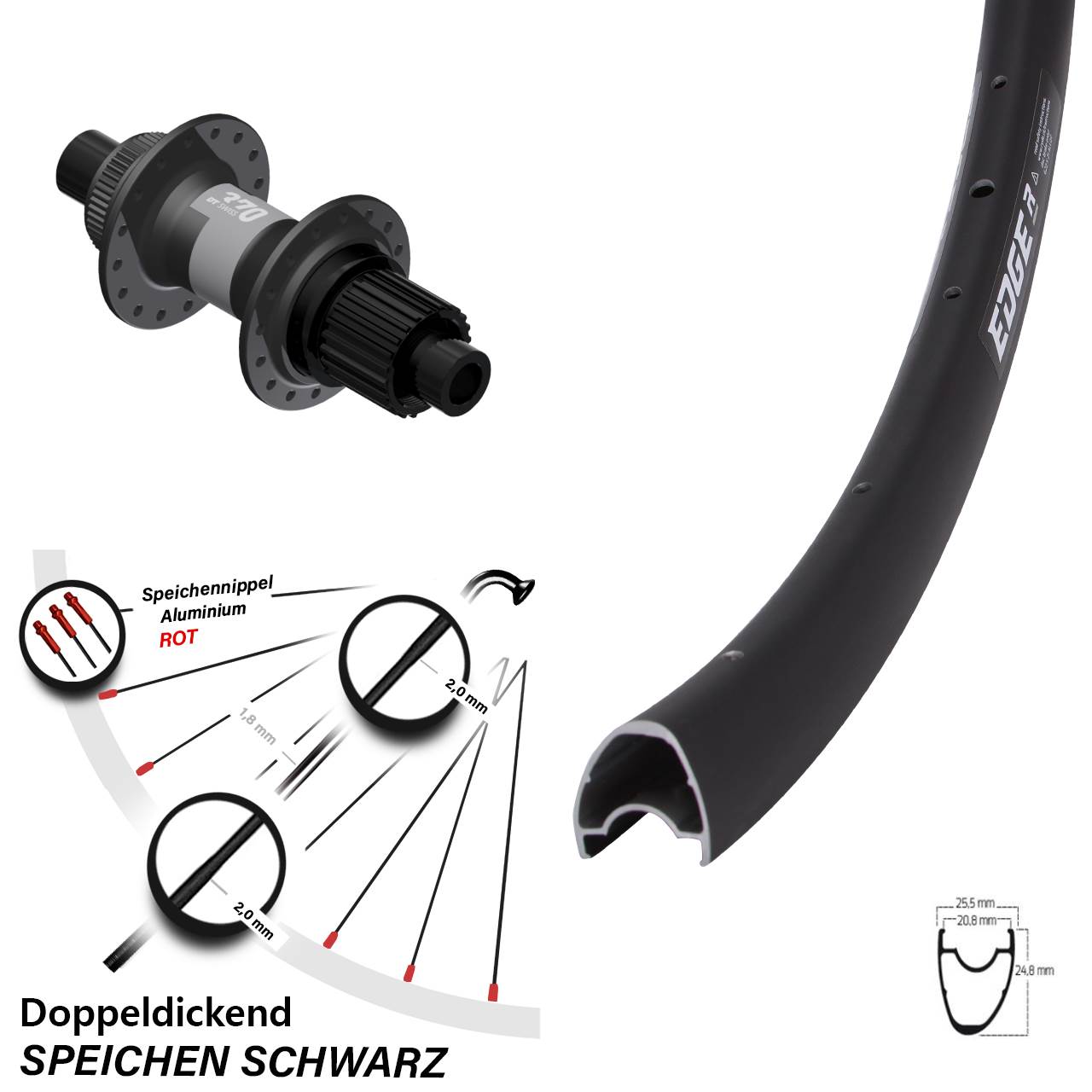28 Zoll Ryde Edge R25 OS DT Swiss 370 Disc Laufrad 12x142 Micro Spline