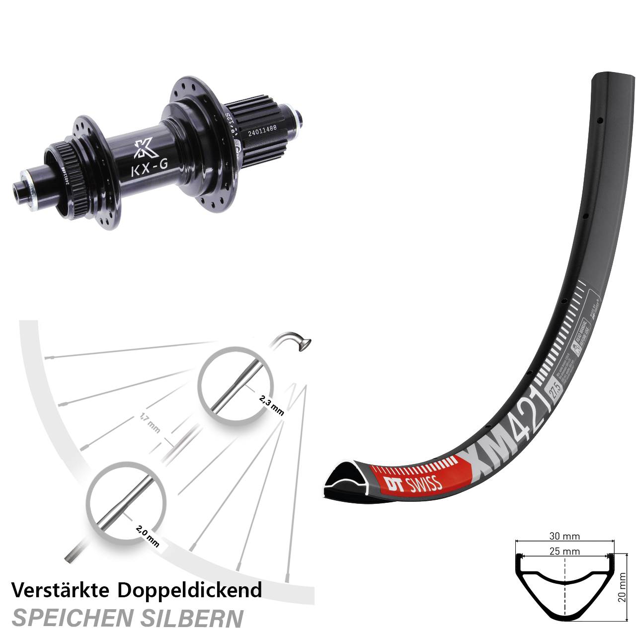 29 Zoll DT Swiss XM421 KX-G Centerlock Hinterrad für Schnellspanner Micro Spline