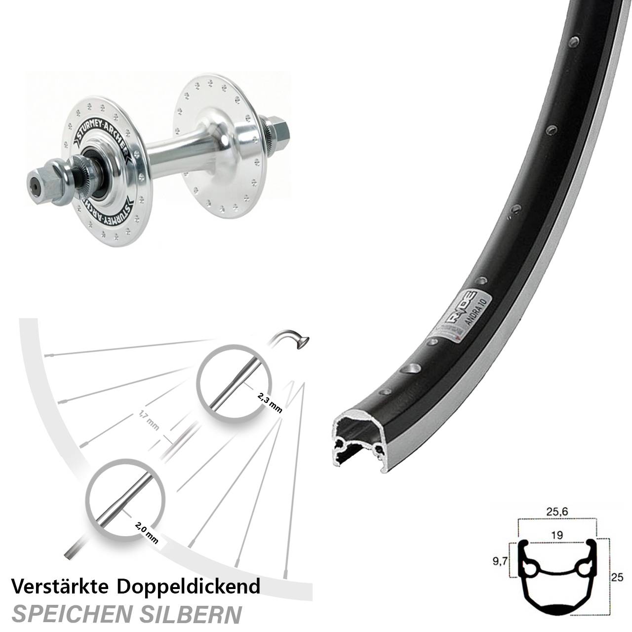 Ryde Andra 10 Sturmey Archer HBT30-F 20 Zoll Vorderrad Vollachse