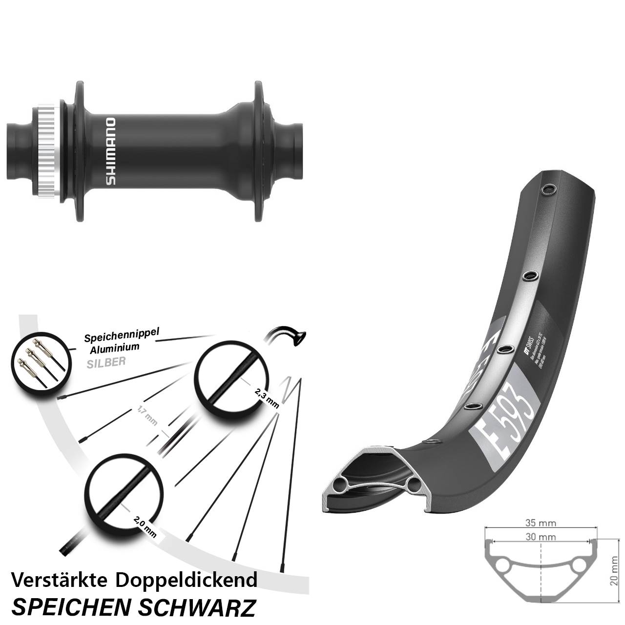 29 Zoll DT Swiss E 593 Shimano HB-MT410-B Vorderrad Centerlock 15x110 Boost