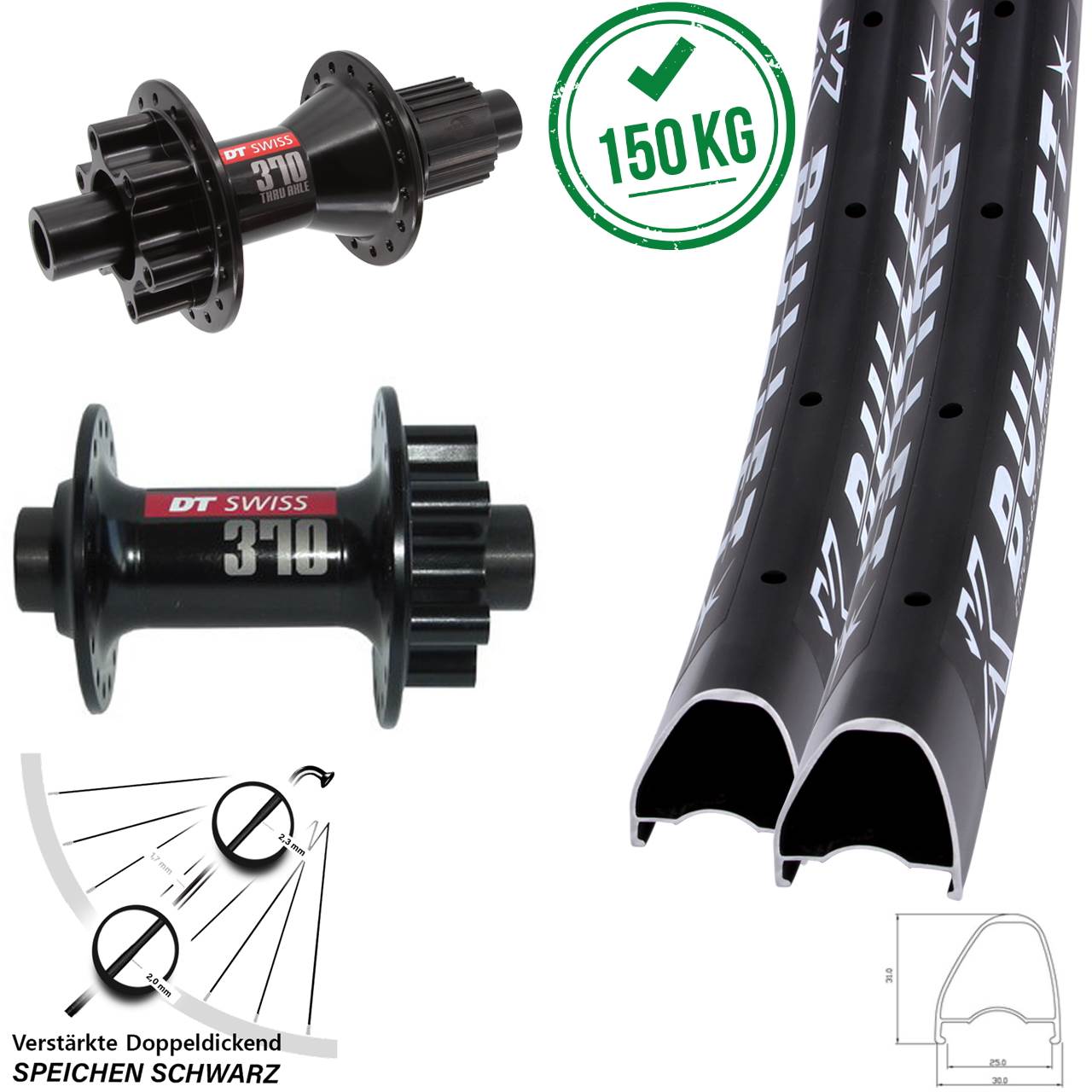 6-Loch Laufradsatz 15x100 12x142 28-29 Zoll KX Bullet OS DT Swiss 370 Hybrid Micro Spline