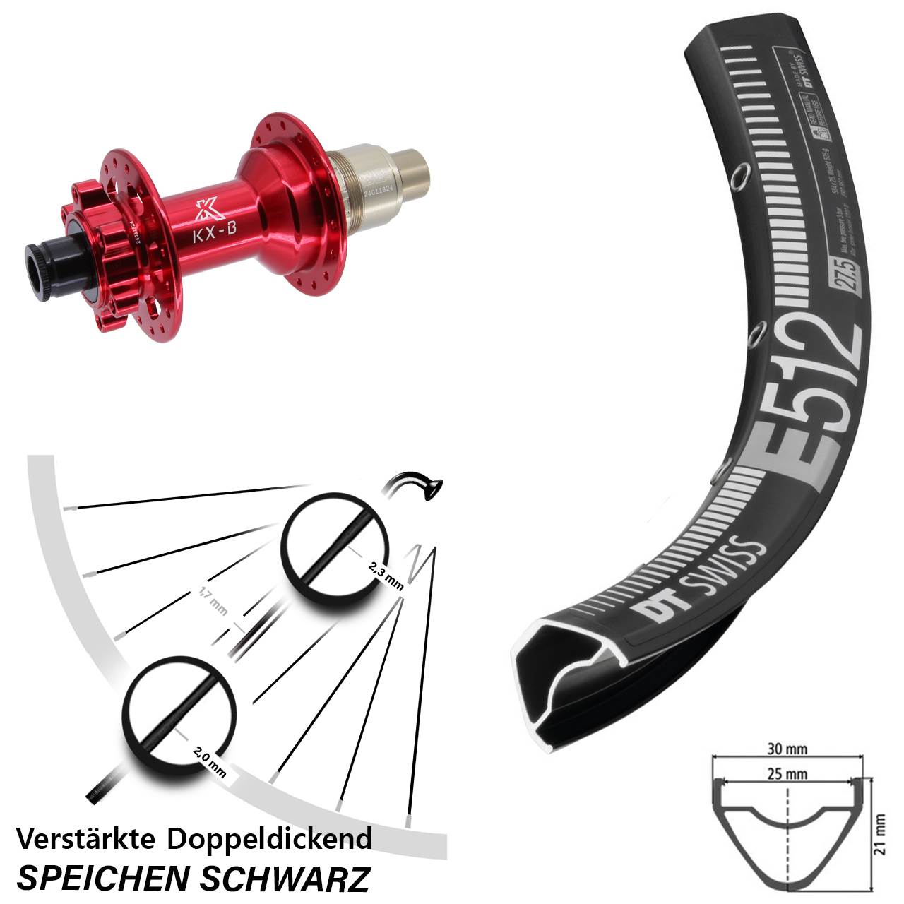 Boost 27,5 Zoll Hinterrad 6-Loch 12x148 mm DT Swiss E 512 KX-B rot XD