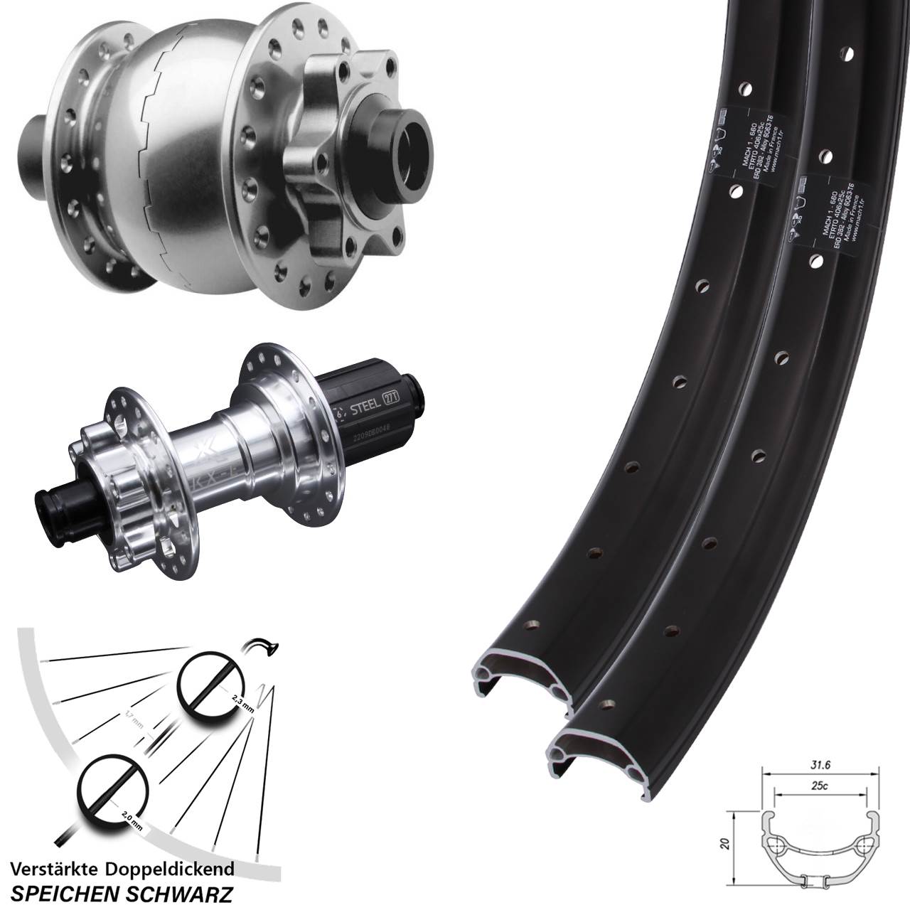 Disc Laufrad-Satz 15x100 12x142 20 Zoll Mach1 Kargo KX-E verstärkt SON 28 8-12 fach HG
