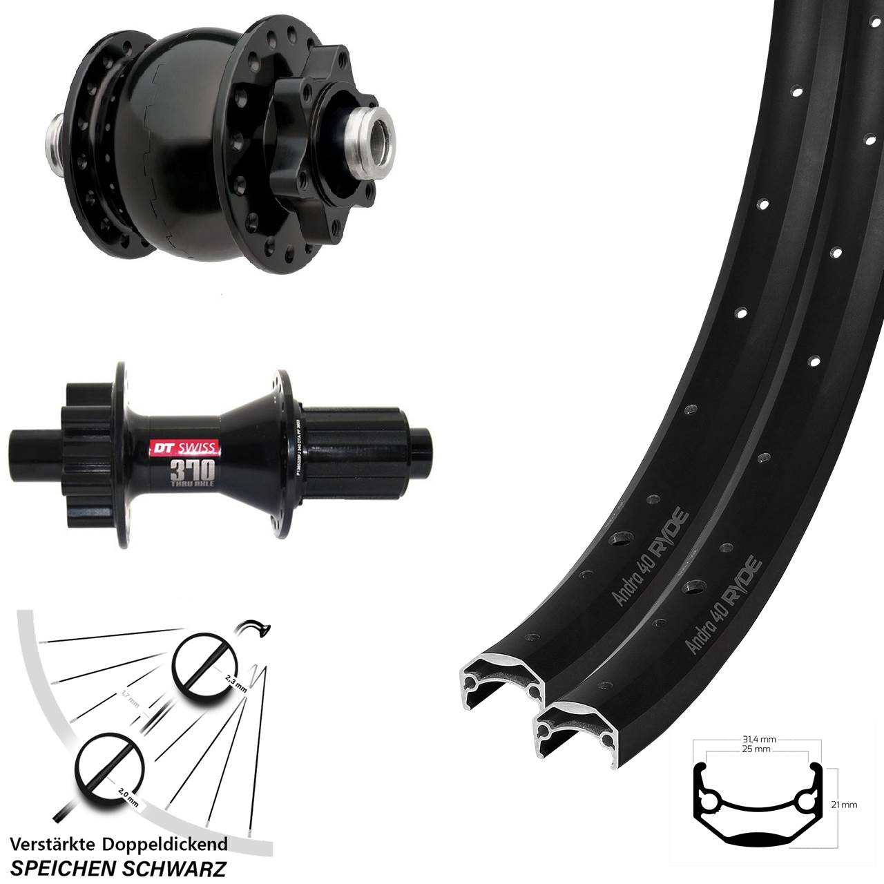 Ryde Andra 40 DT Swiss 370 Hybrid SON 28 27,5 Zoll Disc Laufrad-Satz 12x100/142 8-11 fach