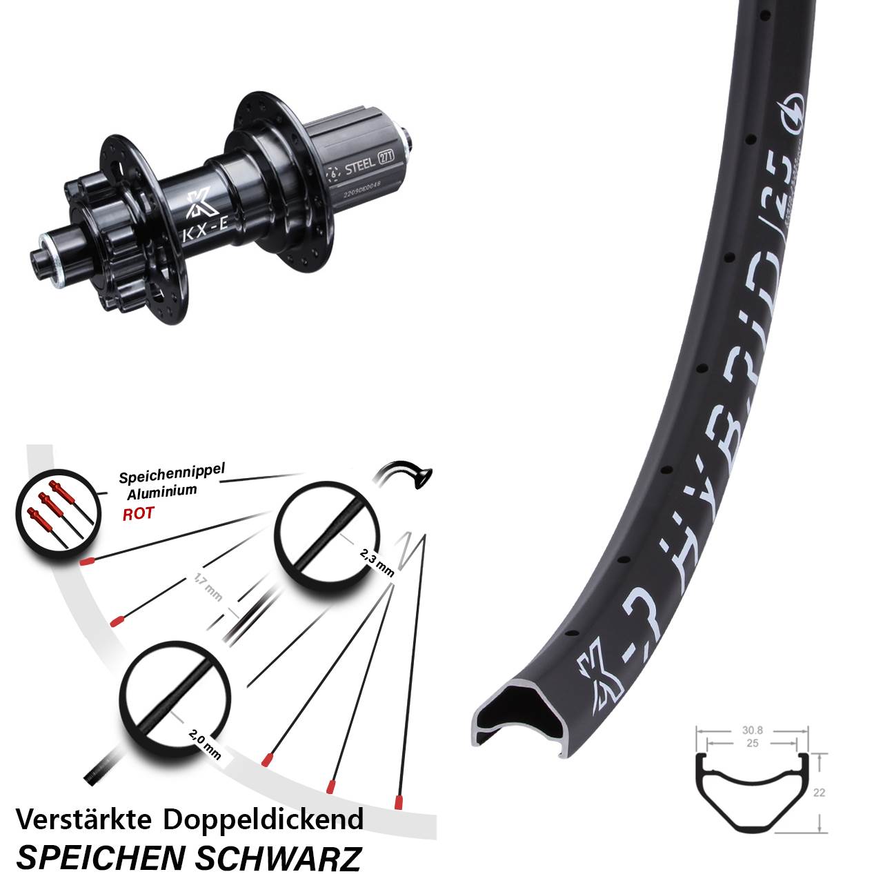 KX-R Hybrid 25 6 Kugellager 650B Hinterrad 6-Loch für Schnellspanner 8-12 fach HG