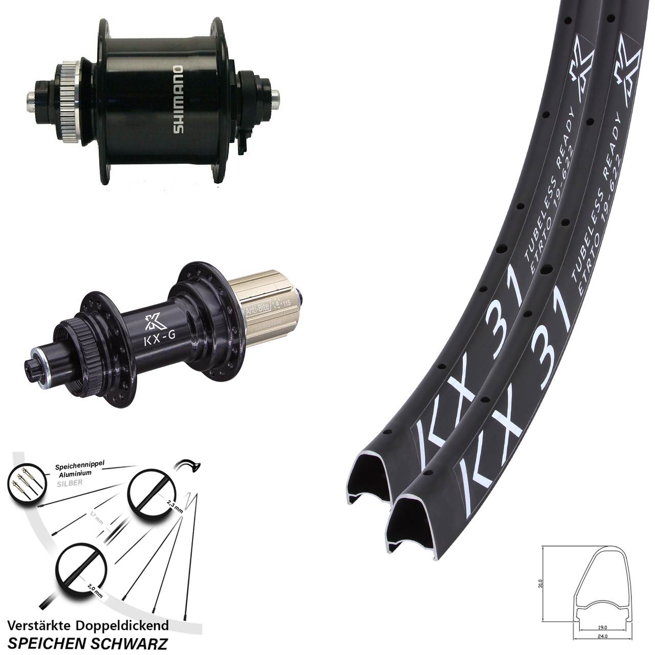 KX-G 31 Offset Shimano DH-UR700 28 Zoll Centerl. Laufradsatz für Schnellspanner 8-12 fach