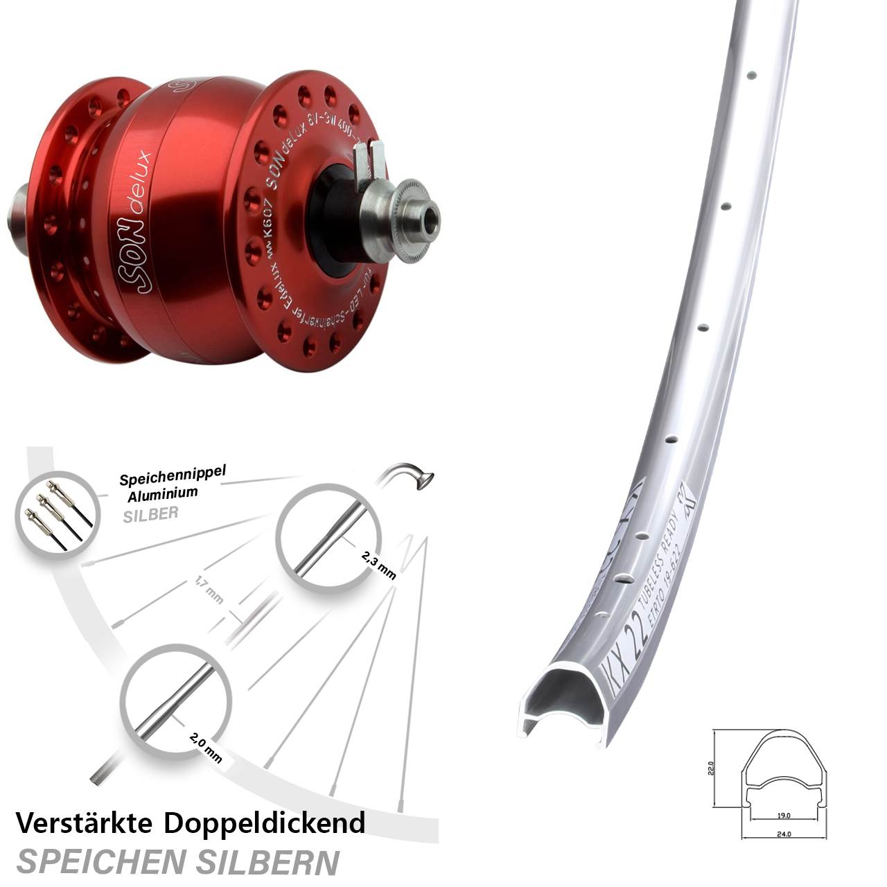 Vorderrad mit Nabendynamo für Schnellspanner 28 Zoll KX 22 SONdelux rot