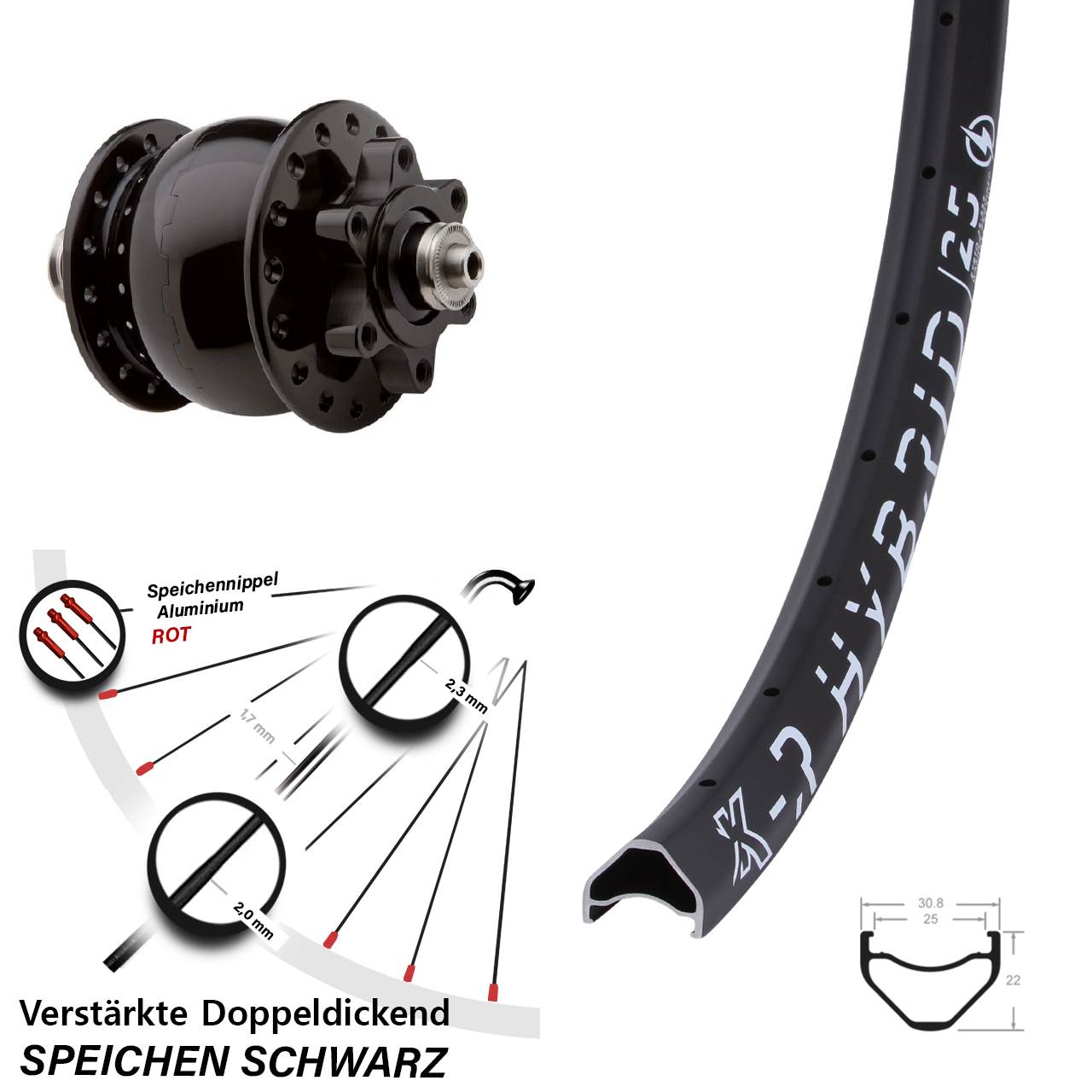 6-Loch Vorderrad mit Nabendynamo für Schnellspanner 27,5 Zoll KX-R Hybrid 25 SON 28