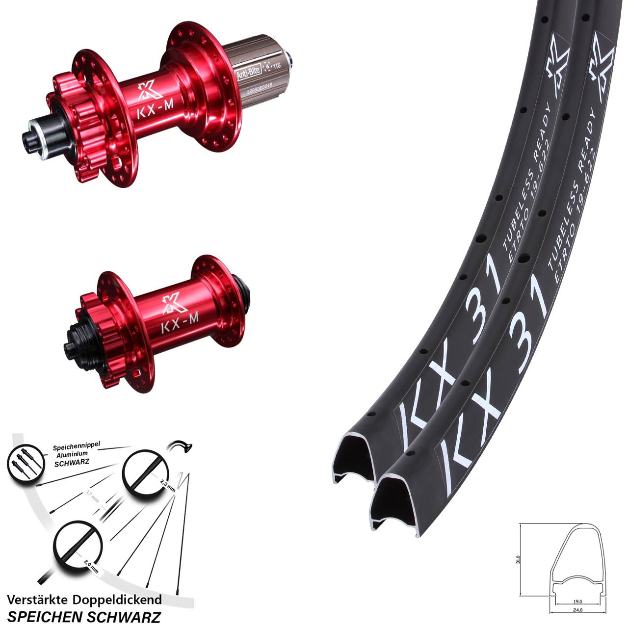 6-Loch Laufradsatz 28 Zoll KX-M 31 rot 8-12 fach HG für Schnellspanner