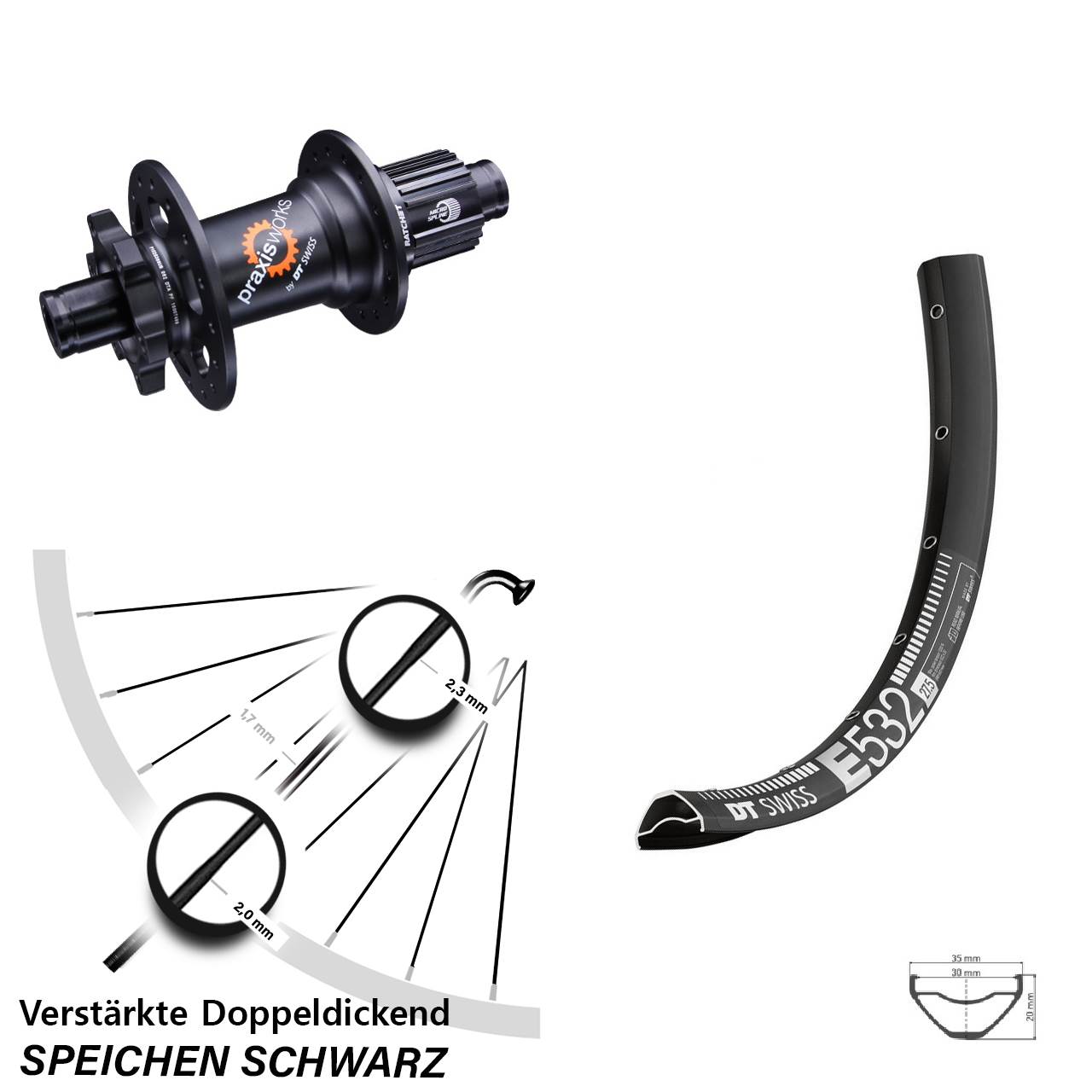 Hinterrad 6-Loch 12x142 27,5 Zoll DT Swiss E 532 350 Shimano Micro Spline