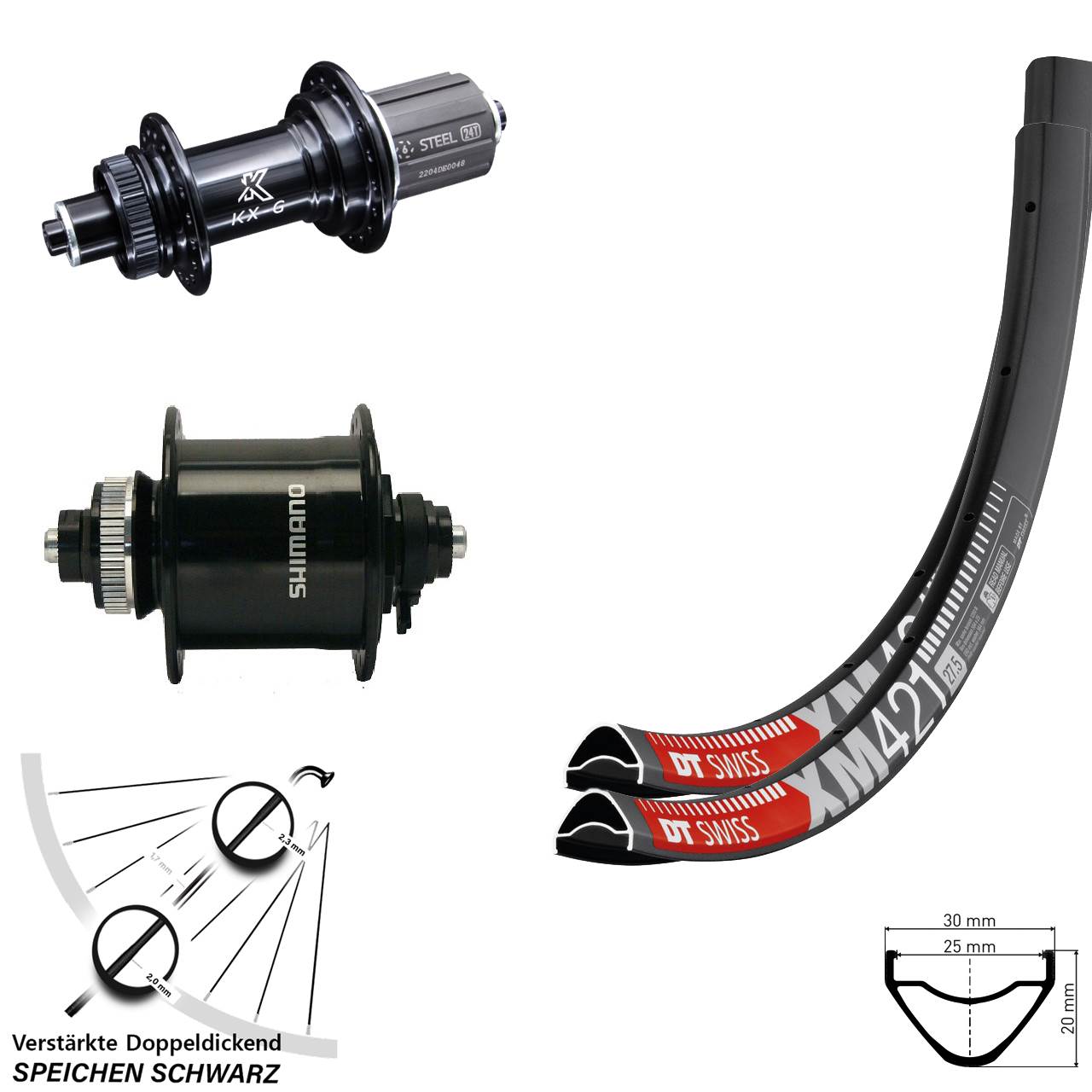 27,5 Zoll DT Swiss XM421 KX-GS verstärkt Shimano DH-UR700-3D Disc Laufradsatz QR 8-12 fach