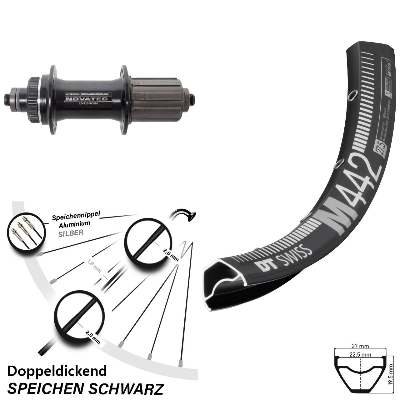 29 Zoll DT Swiss M442 Novatec D472 Hinterrad Centerlock für Schnellspanner 8-12 fach HG
