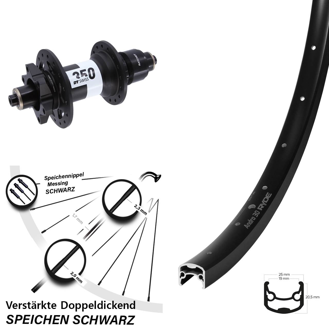 Ryde Andra 30 DT Swiss 350 28 Zoll Disc Hinterrad für Schnellspanner SRAM XD