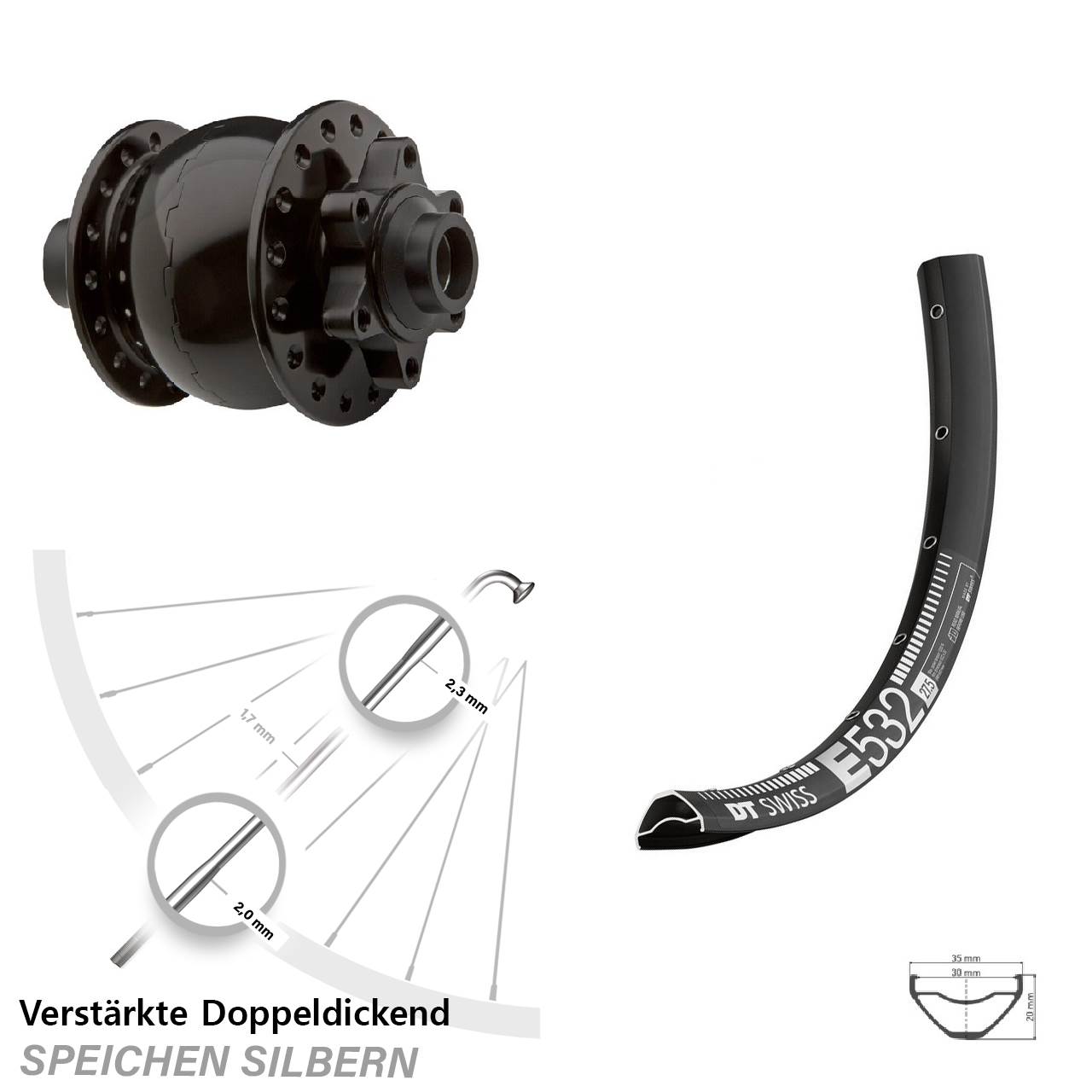 27,5 Zoll DT Swiss E532 SON 28 Dynamo-Vorderrad 6-Loch 15x100