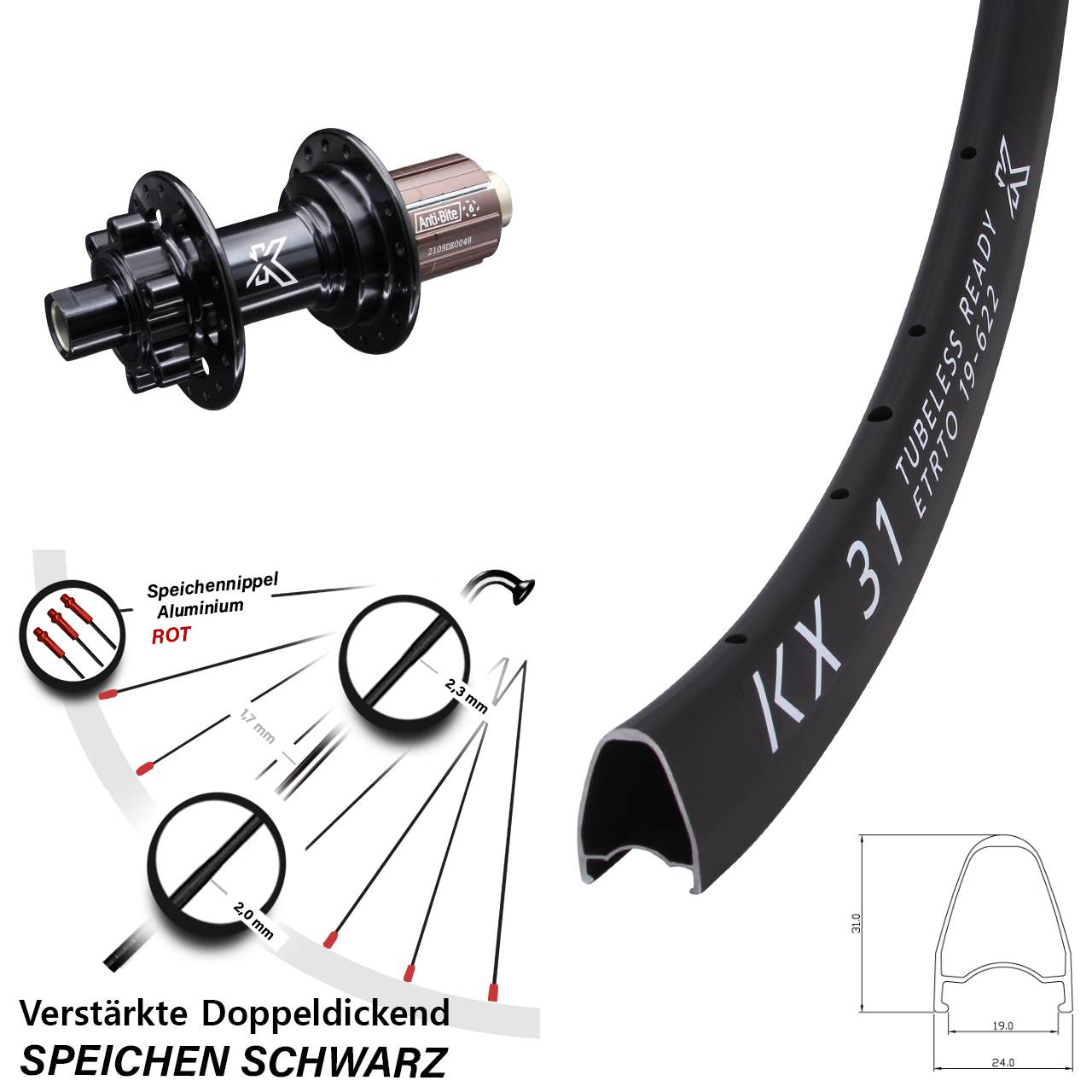 28 Zoll KX-M 31 Shimano Anti-Bite Disc Hinterrad 12x142 8-12 fach