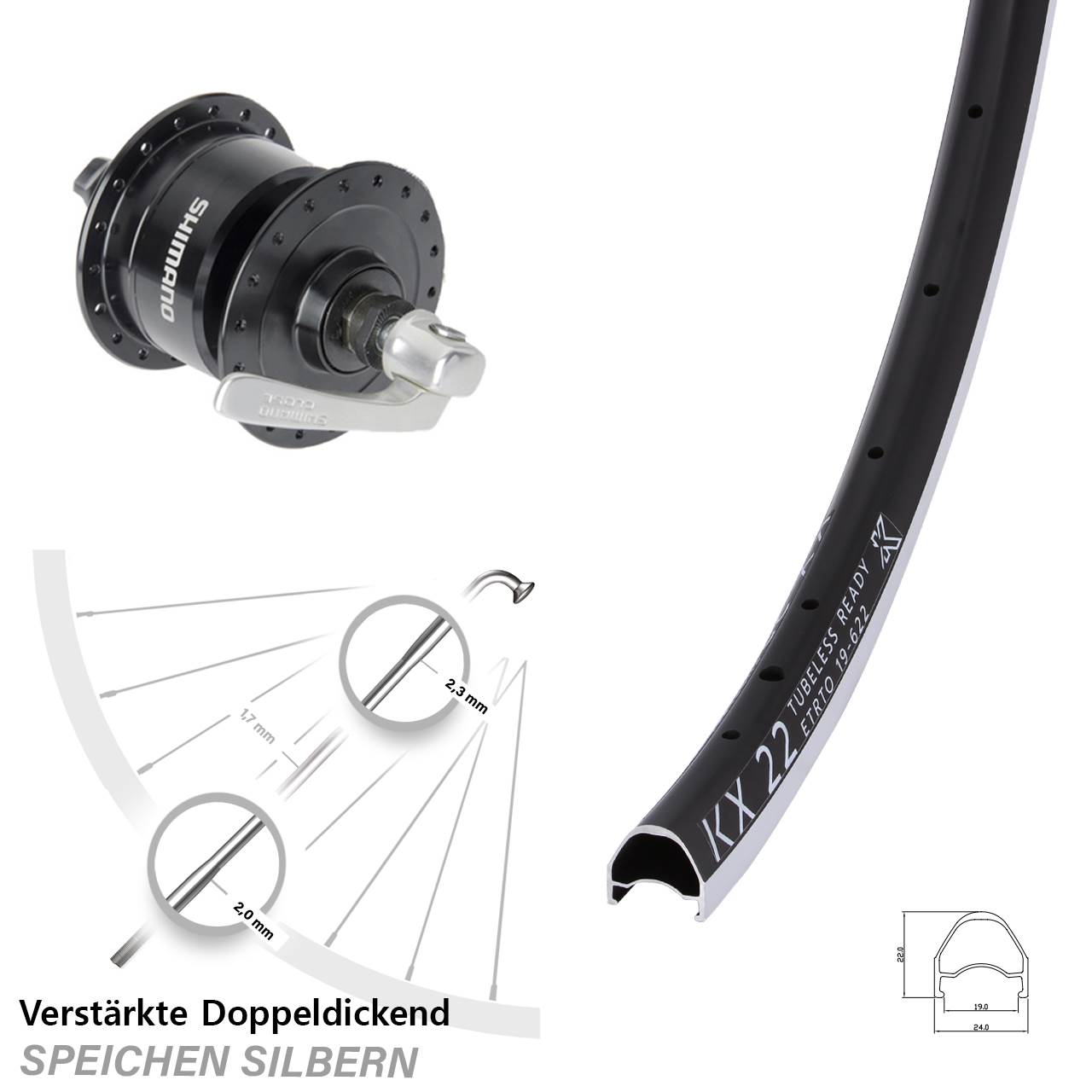 KX 22 Shimano DH3N72 28 Zoll Nabendynamovorderrad QR