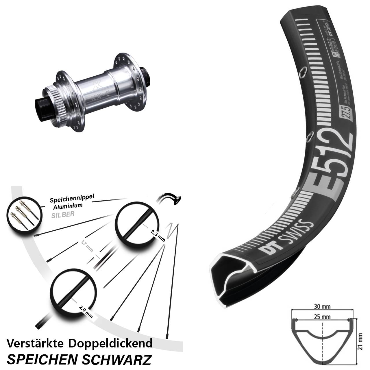 29 Zoll Vorderrad MTB Enduro DT Swiss E 512 KX-E silbern-eloxiert 15x100 mm
