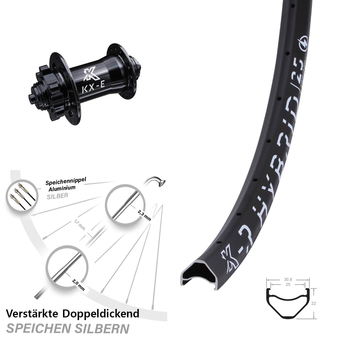 28-29 Zoll Vorderrad E-Bike KX-ER Hybrid 25 verstärkt 5x100 mm Schnellspanner Disc 6-loch