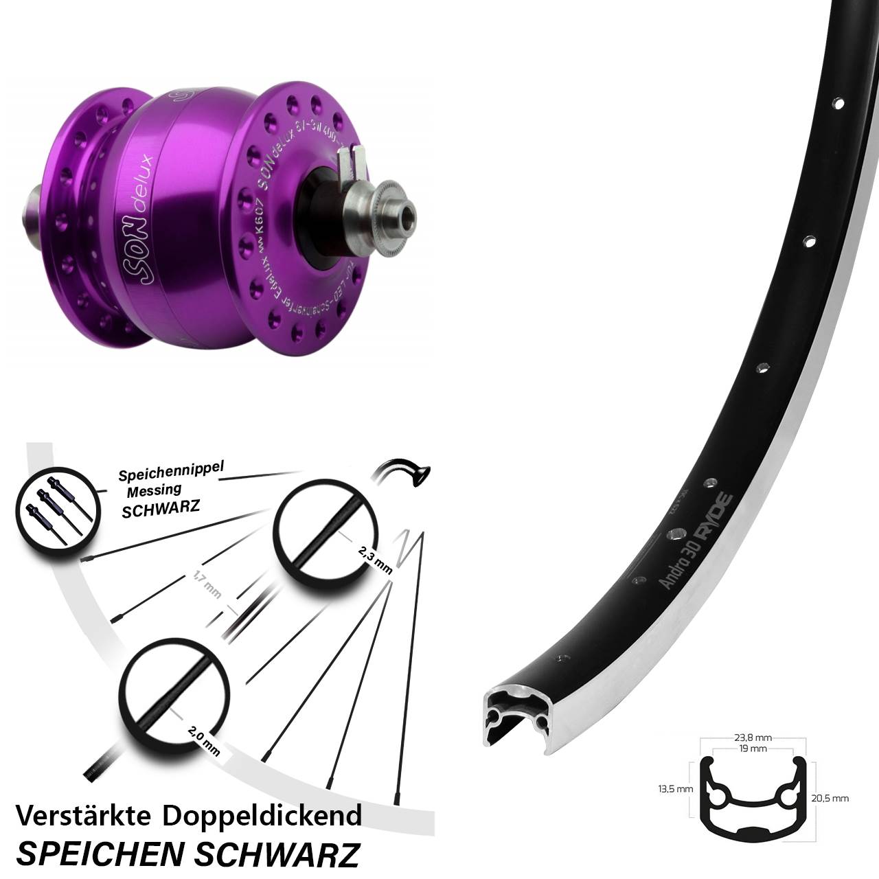 28 Zoll Ryde Andra 30 SON delux violett Vorderrad mit Nabendynamo QR
