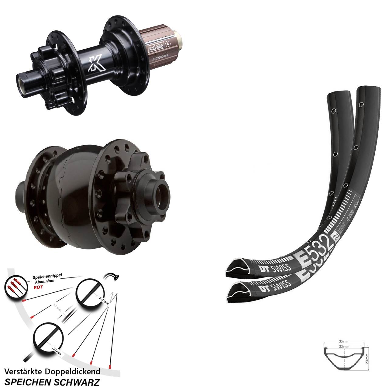 27,5 Zoll DT Swiss E532 KX-M Shimano Anti-Bite SON 28 Laufrad-Satz 8-12 fach HG