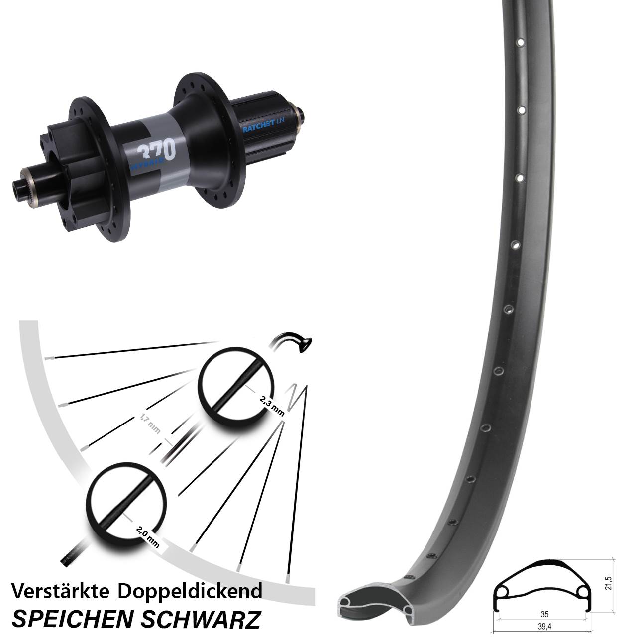 29 Zoll Ambrosio E35 DT Swiss 370 Hybrid Boost 6-Loch Hinterrad QR 8-11 fach HG