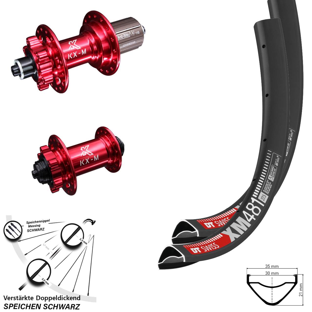 6-Loch Laufradsatz QR 27,5 Zoll DT Swiss XM 481 KX-M rot 8-12 fach HG