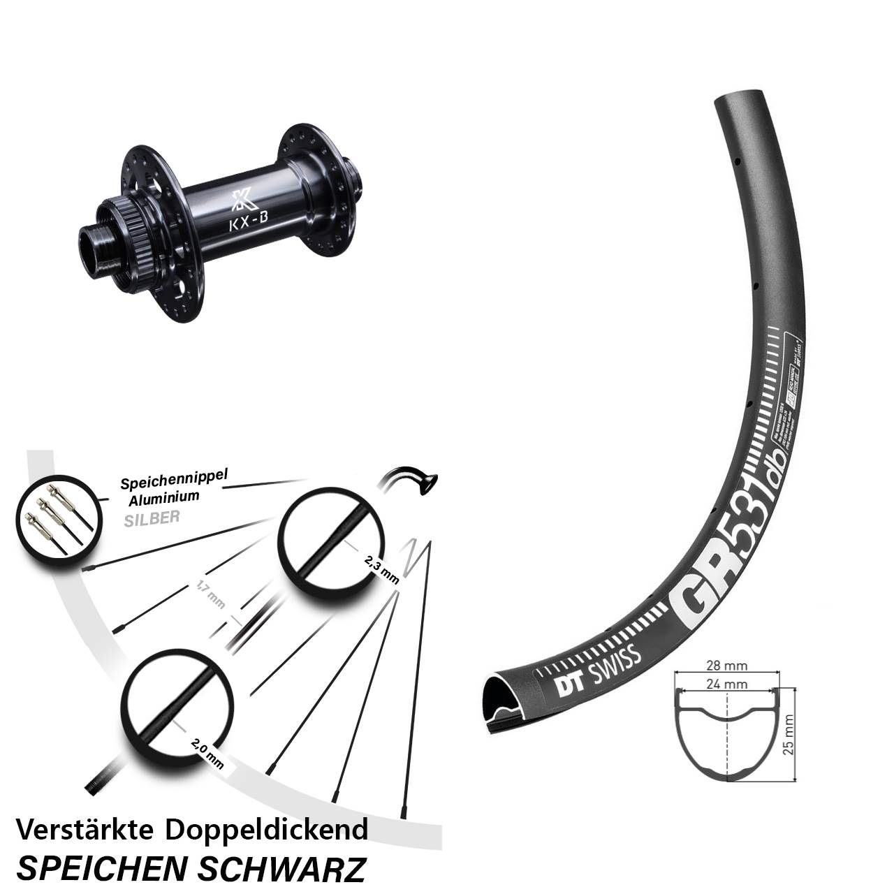 KX-Boost DT Swiss GR 531 DB Disc Bikepacking schwarz Vorderrad 28-29 Zoll verstärkt