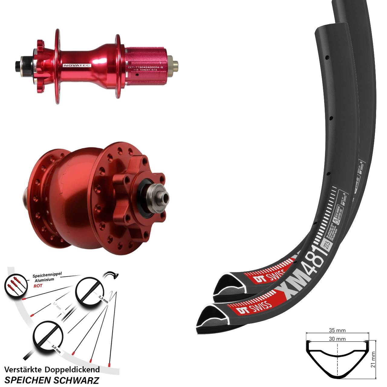Disc Laufradsatz QR 27,5 Zoll DT Swiss XM 481 Novatec D792 SON 28 rot 8-12 fach