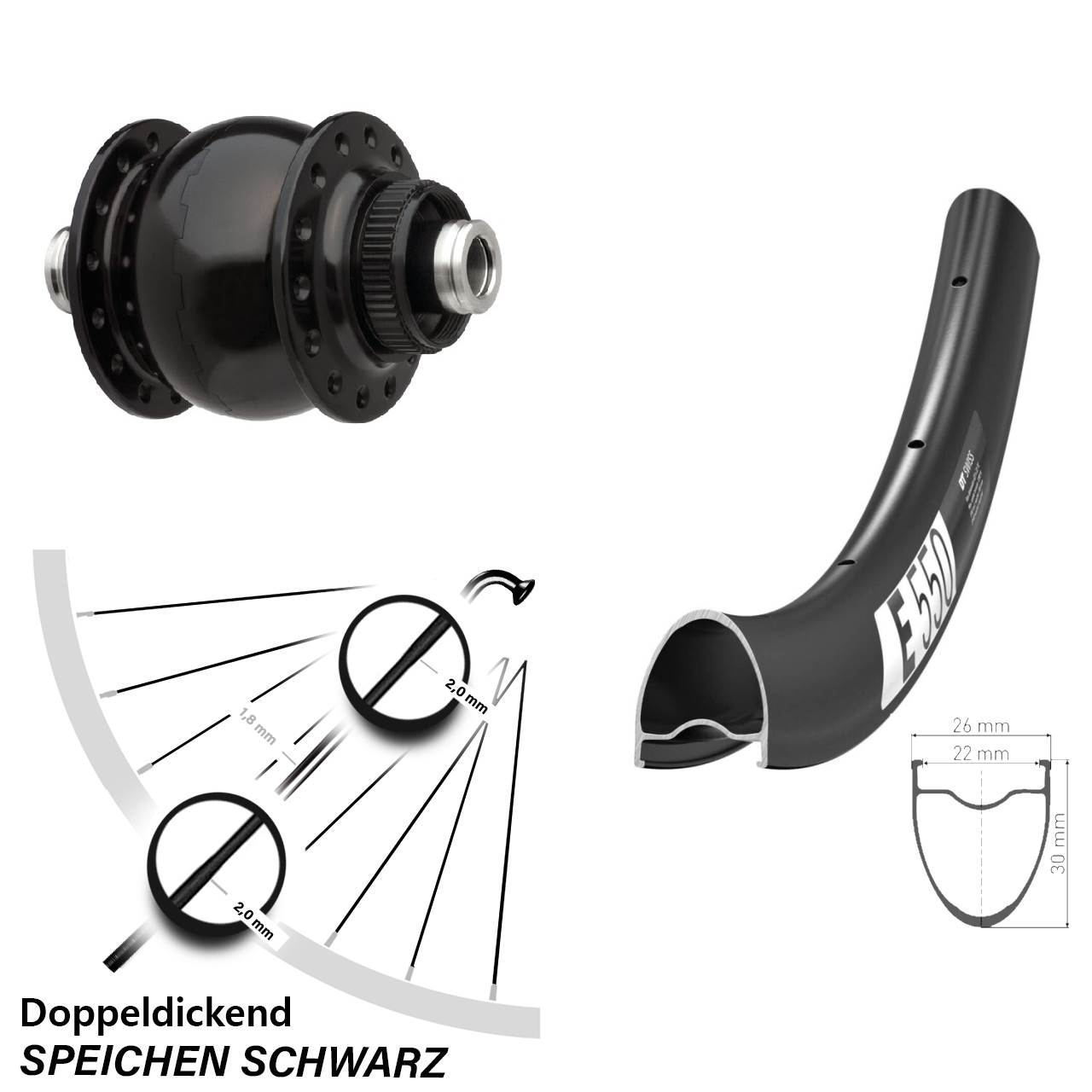 28 Zoll DT Swiss E550 SON delux Disc Nabendynamolaufrad 12x100