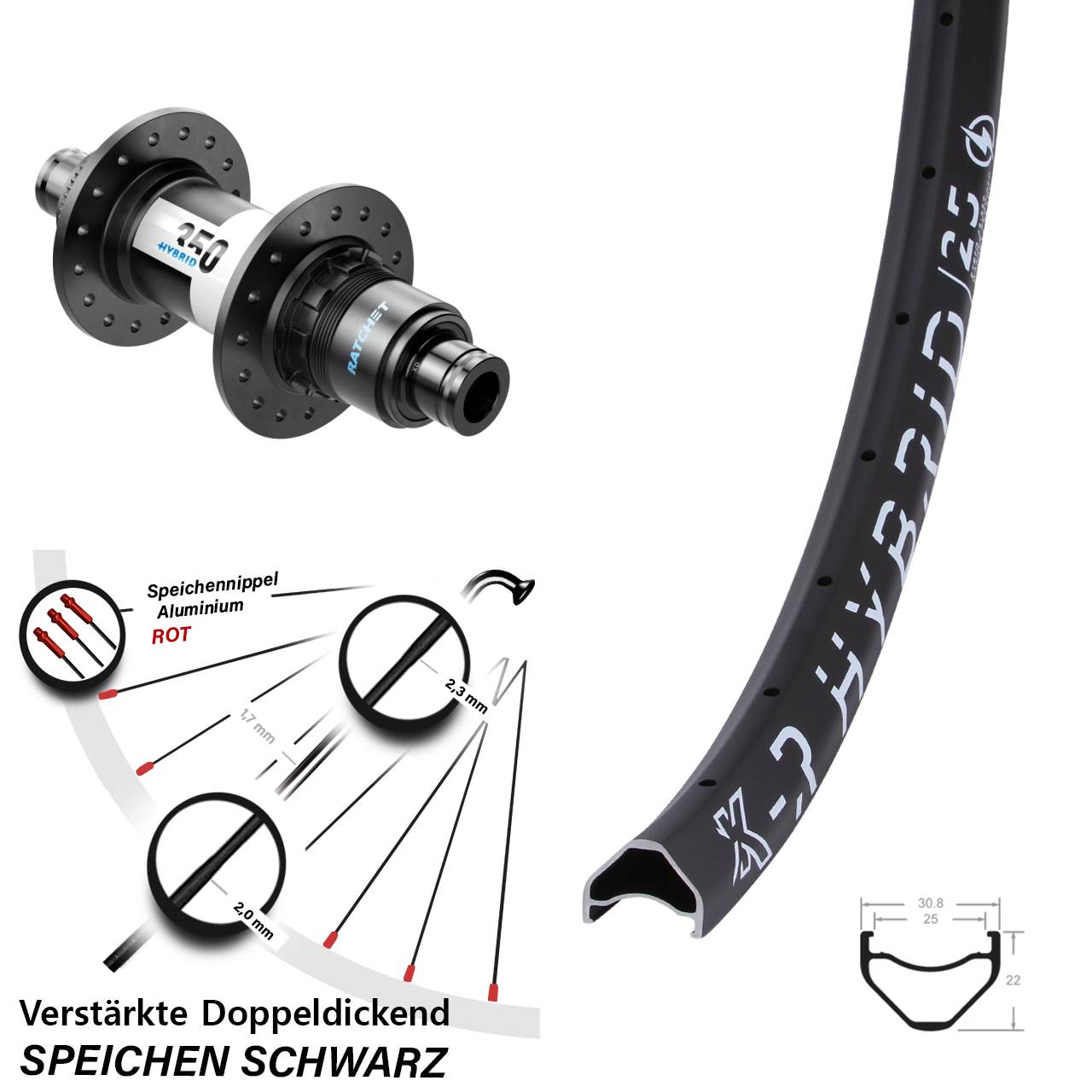 KX-R Hybrid 25 DT Swiss 350 27,5 Zoll Hinterrad Centerlock 12x148 SRAM XD