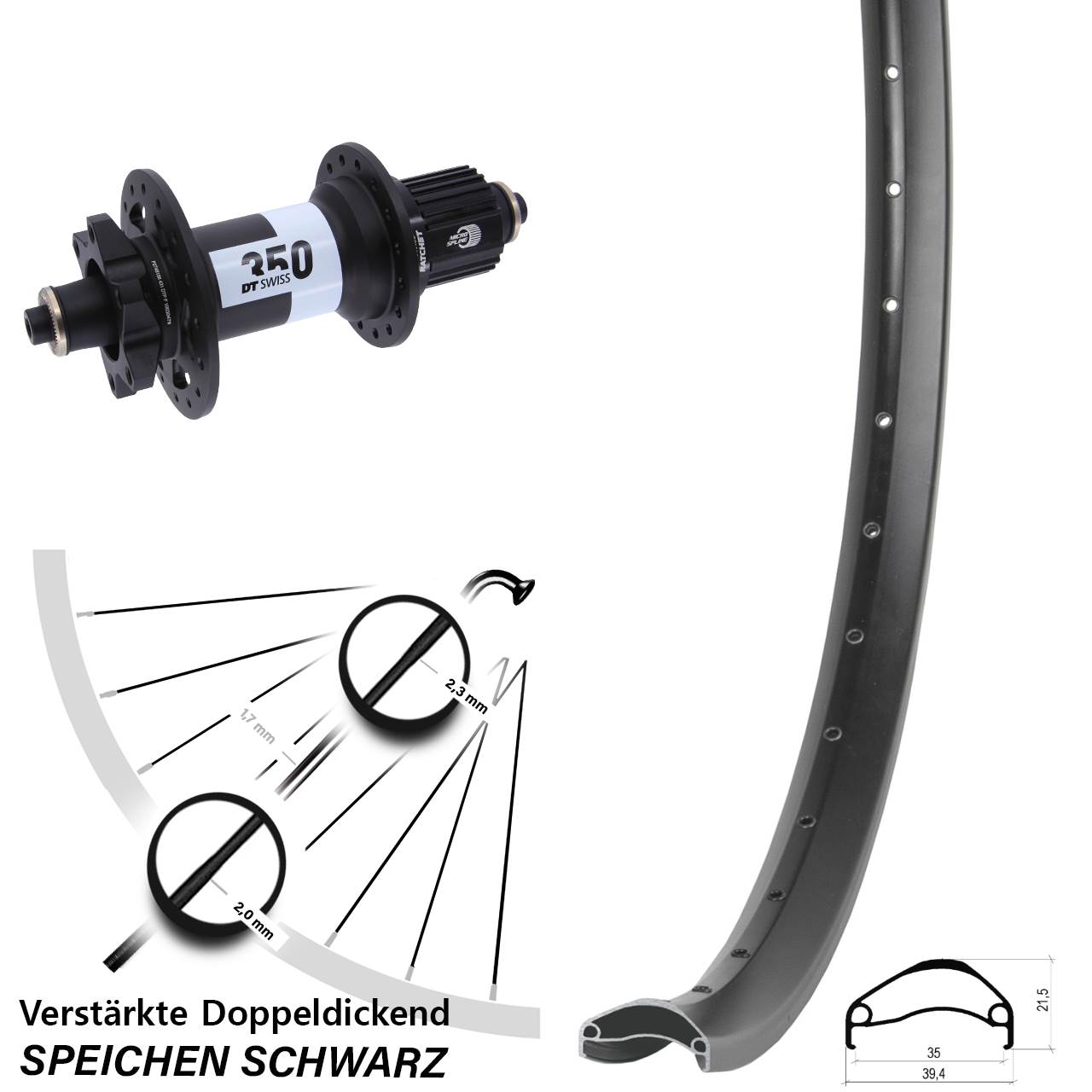 Disc Hinterrad 29 Zoll Ambrosio E35 DT Swiss 350 Micro Spline für Schnellspanner Boost