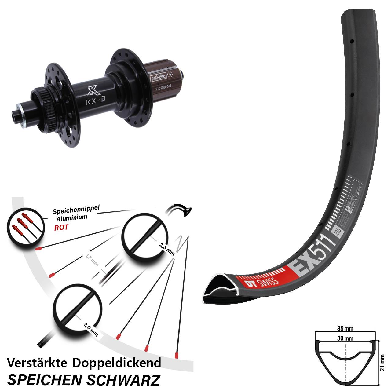 DT Swiss EX 511 KX-B 29 Zoll Centerlock Hinterrad für Schnellspanner Boost 8-11 fach