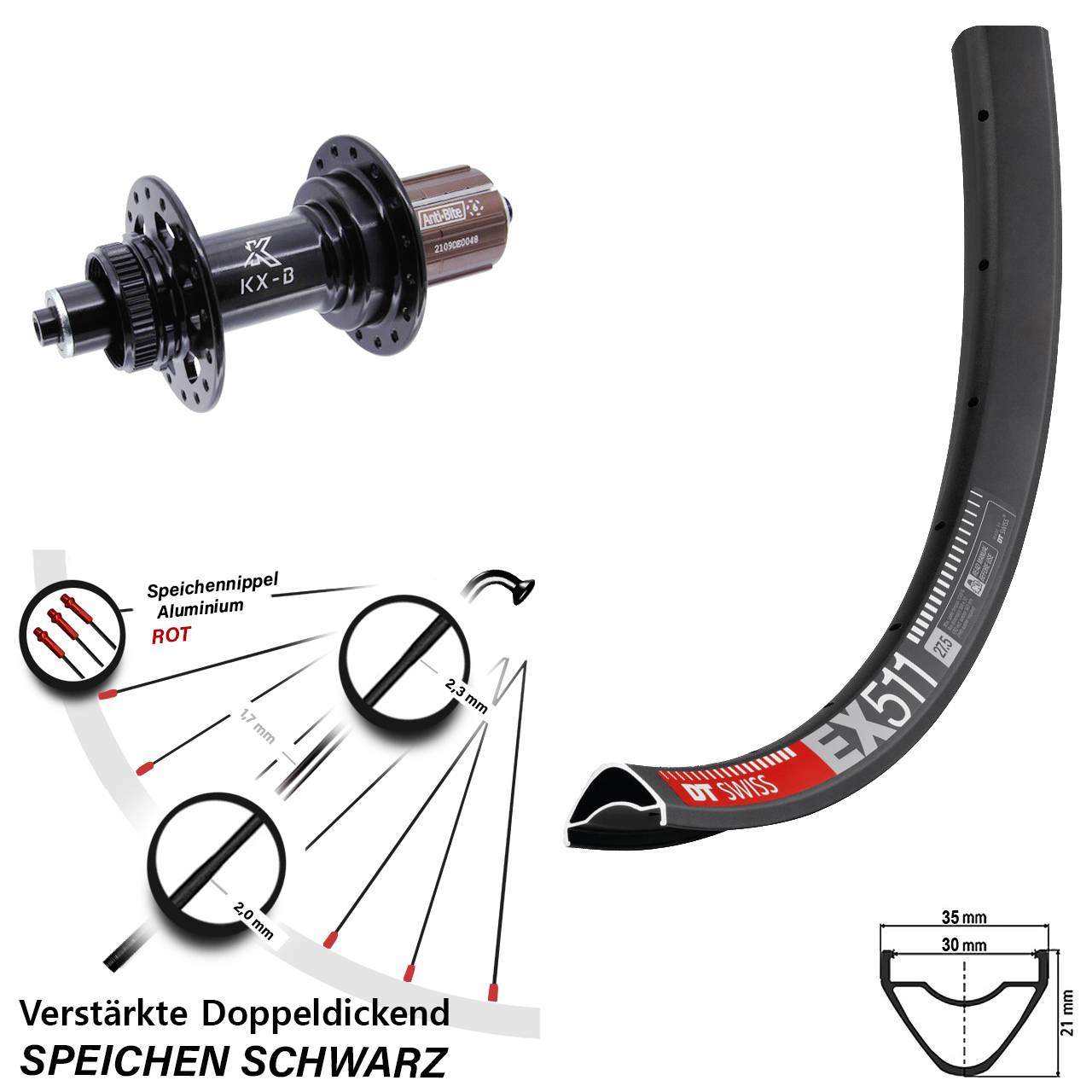 DT Swiss EX 511 KX-B 29 Zoll Centerlock Hinterrad für Schnellspanner Boost 8-11 fach