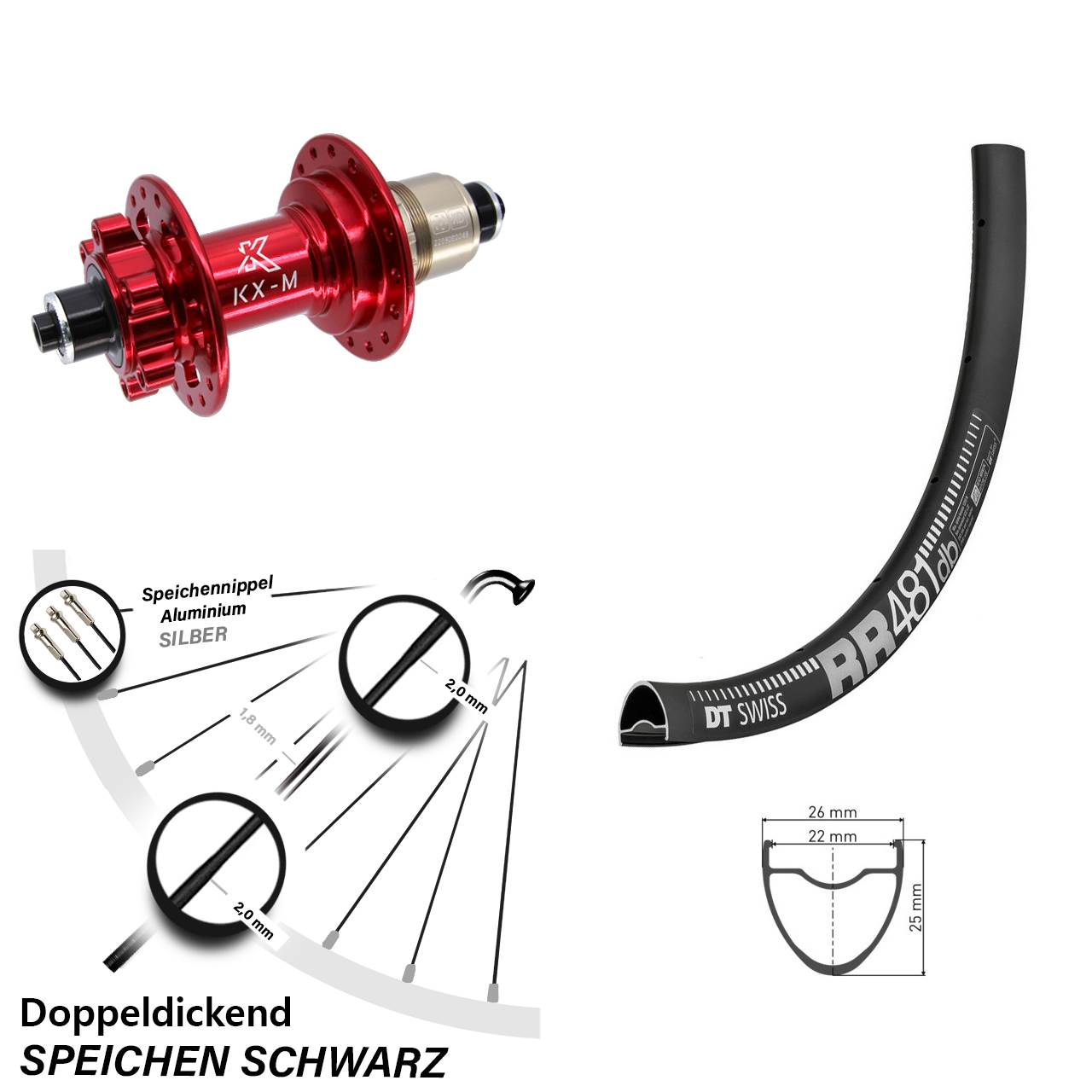 Hinterrad 6-Loch 28 Zoll DT Swiss RR 481 KX-M rot SRAM XD QR