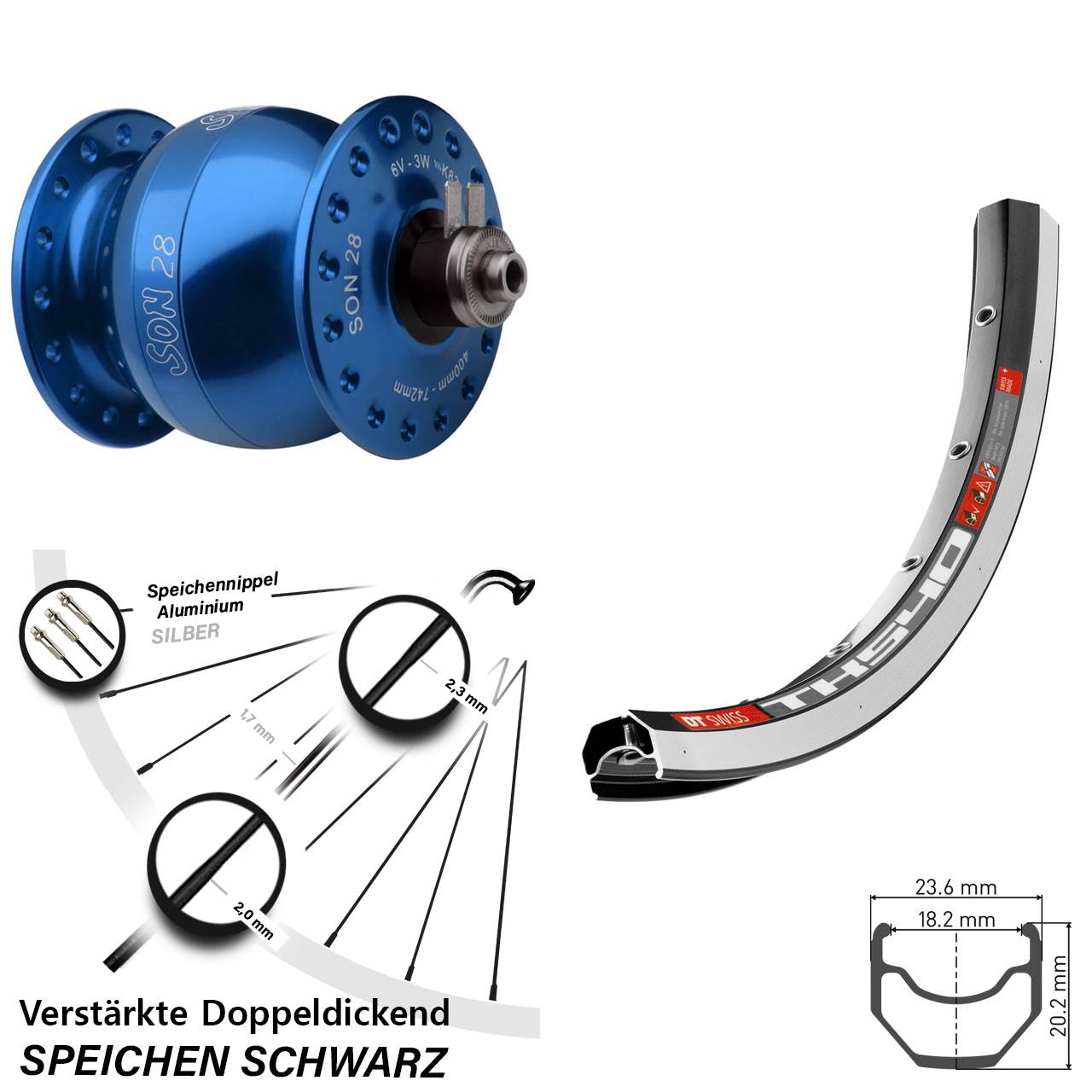 Nabendynamovorderrad für Schnellspanner blauer SON 28 Zoll DT Swiss TK 540