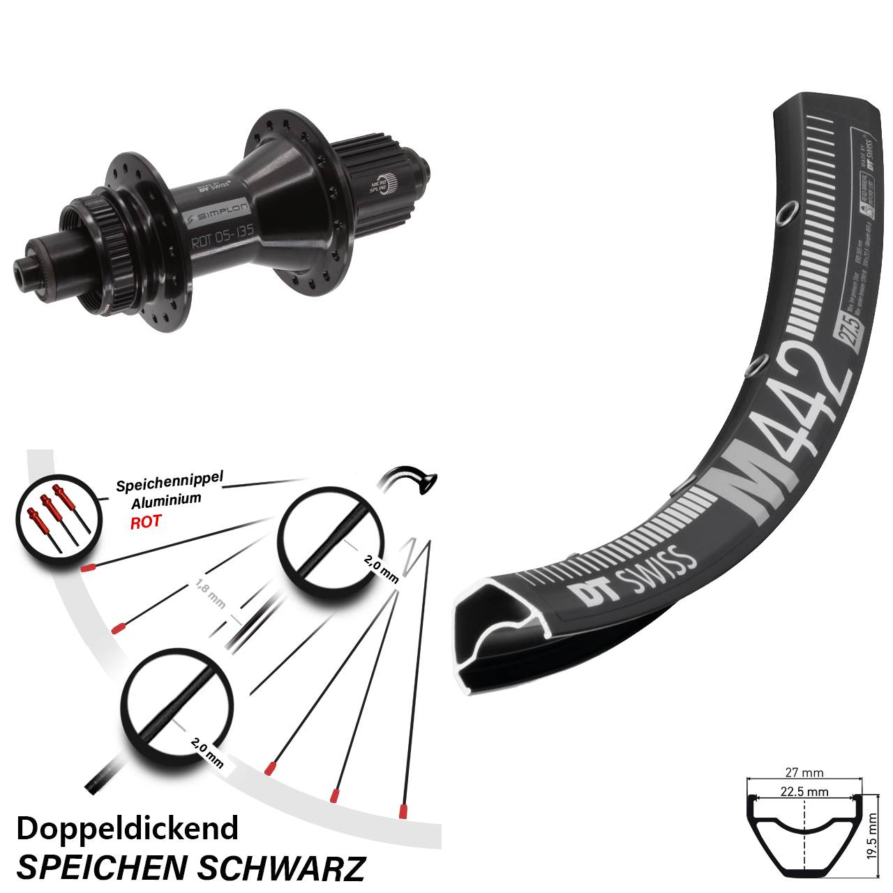 28-29 Zoll DT Swiss M442-370 Hybrid Centerlock Hinterrad QR Micro Spline