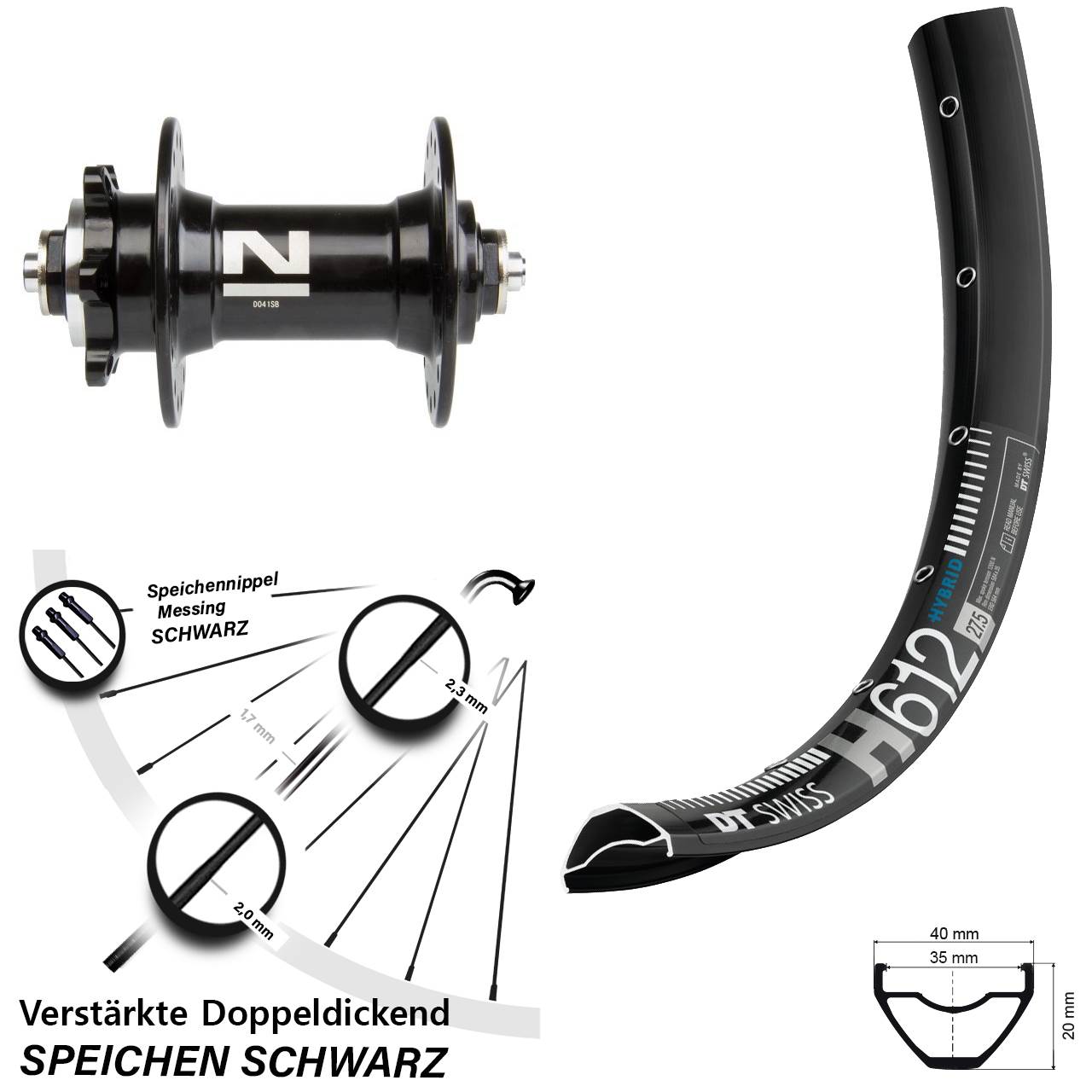 27,5 Zoll DT Swiss H 612 Novatec D-041 Disc Vorderrad für Schnellspanner